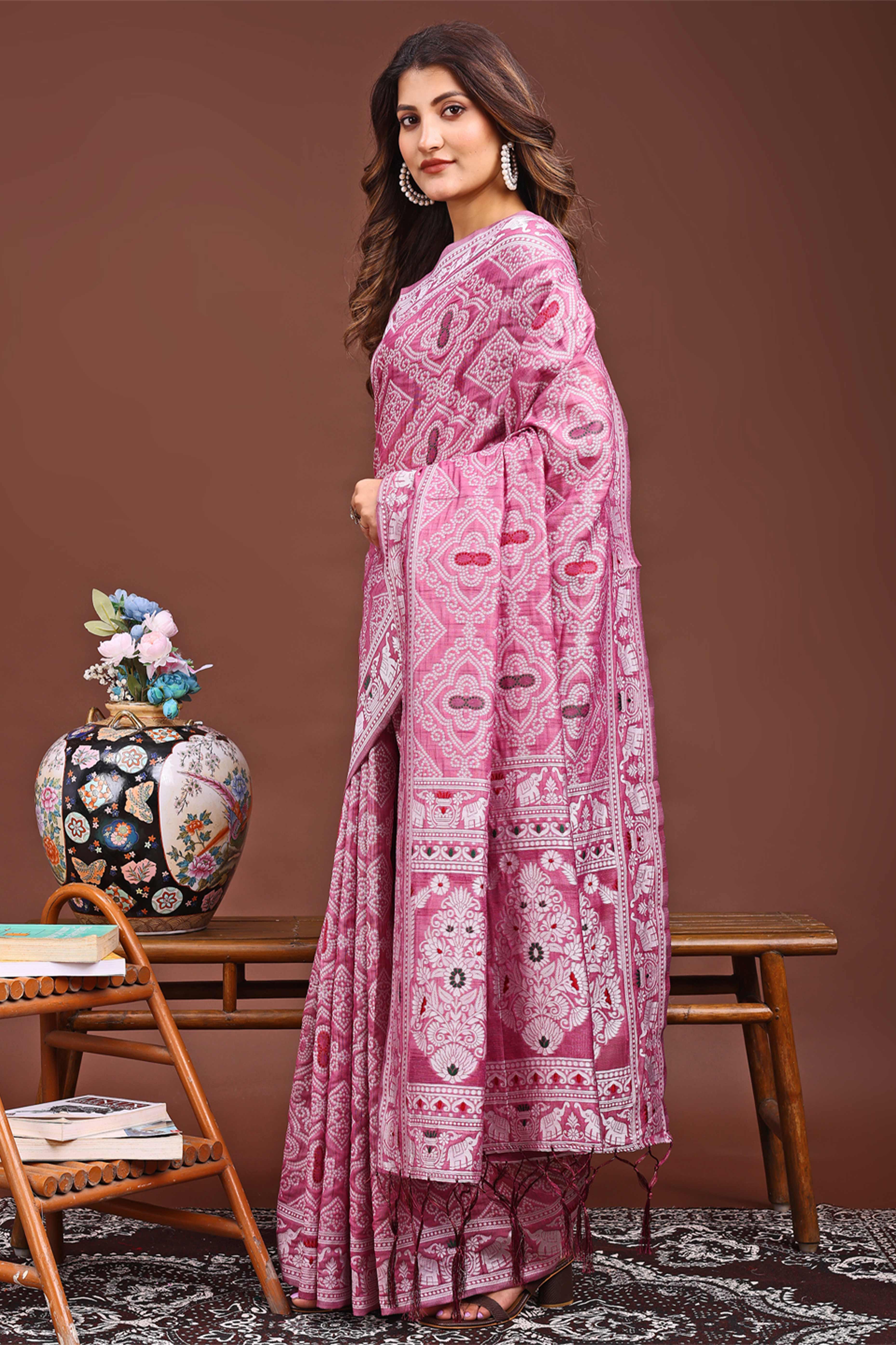 Traditional Bandhani Inspired Woven Pink Saree in Breathable Linen Cotton
