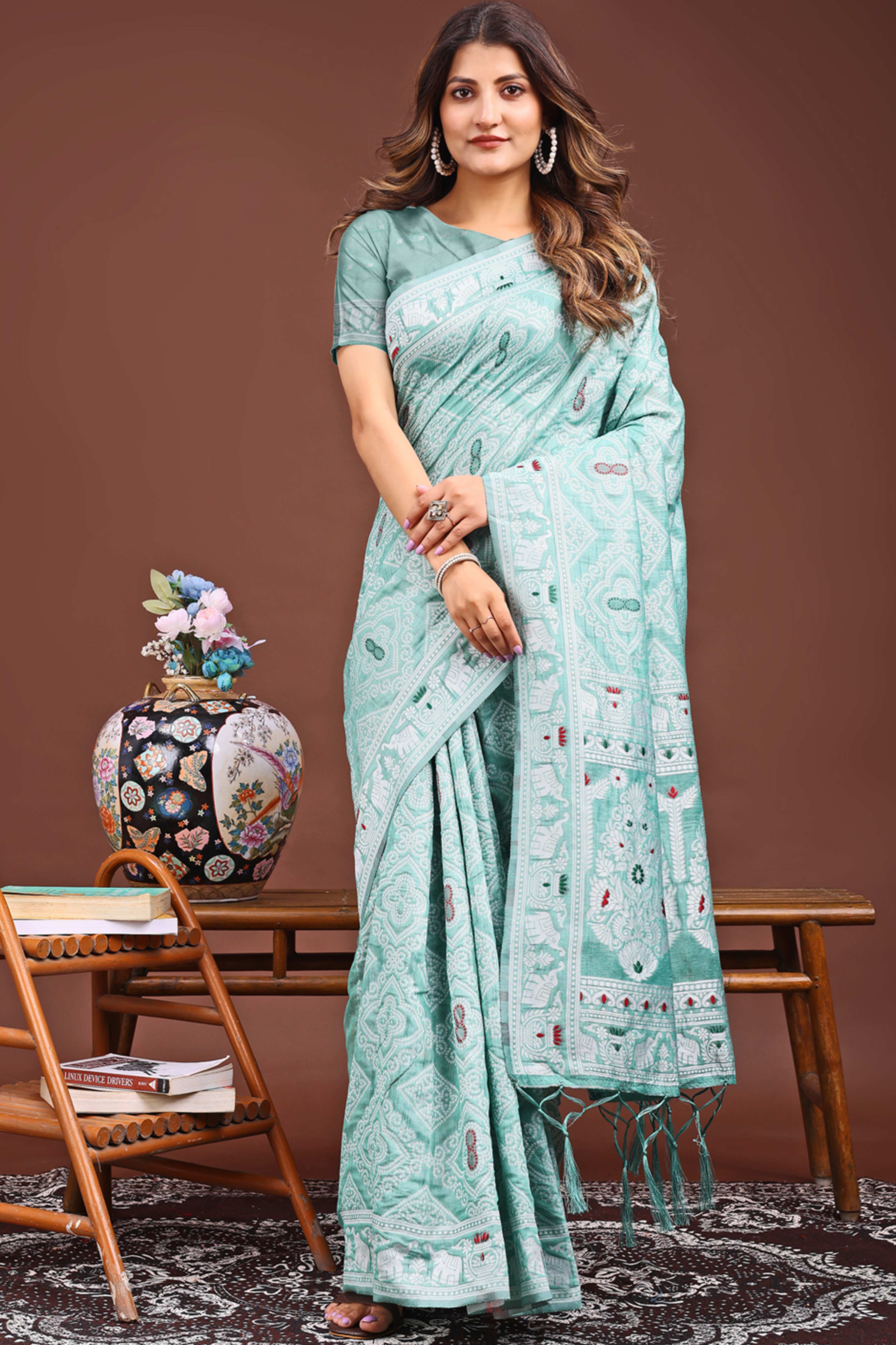 Traditional Bandhani Inspired Woven Sea Green Saree in Breathable Linen Cotton