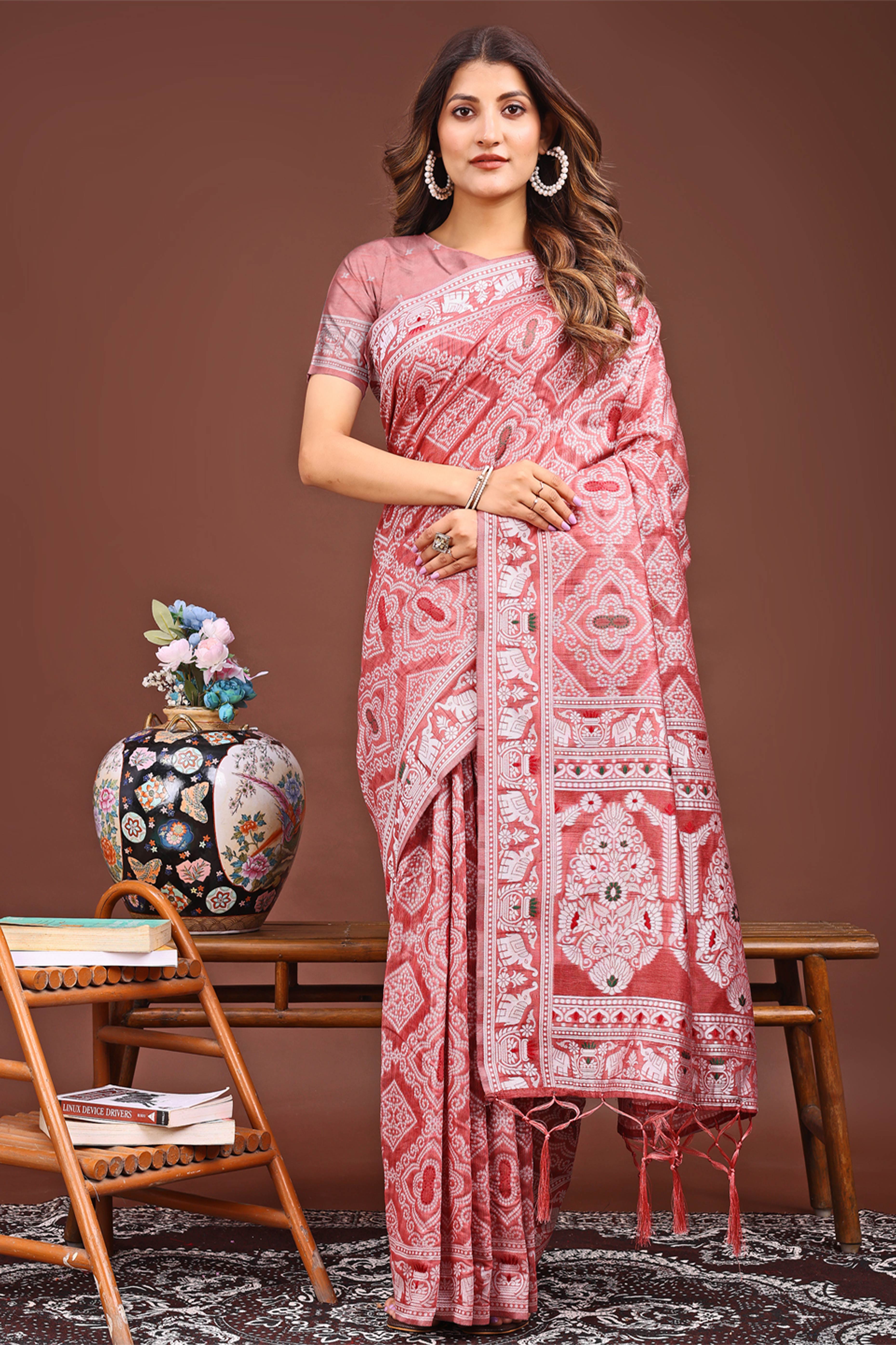 Traditional Bandhani Inspired Woven Peach Saree in Breathable Linen Cotton