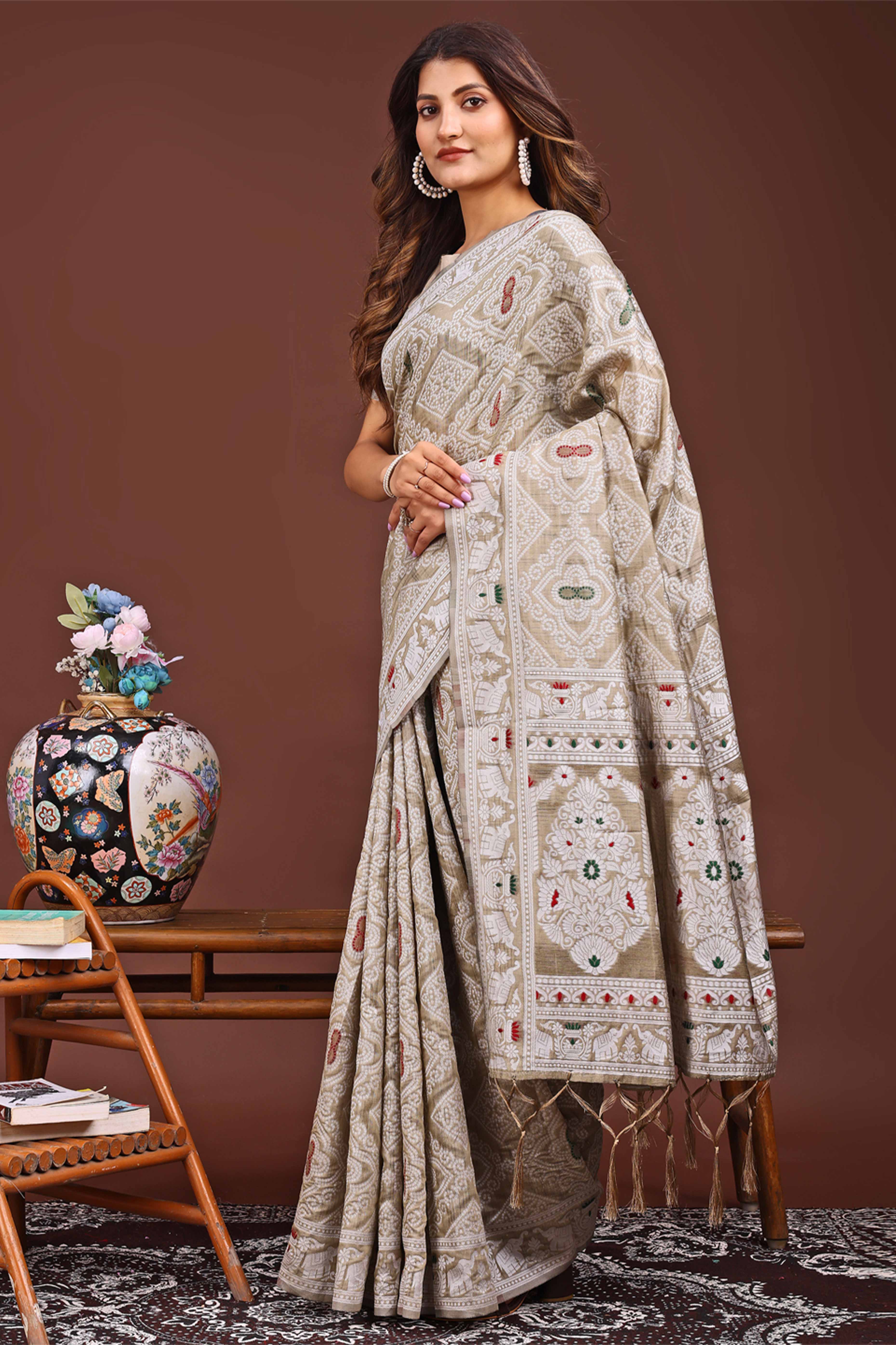 Traditional Bandhani Inspired Woven Beige Saree in Breathable Linen Cotton