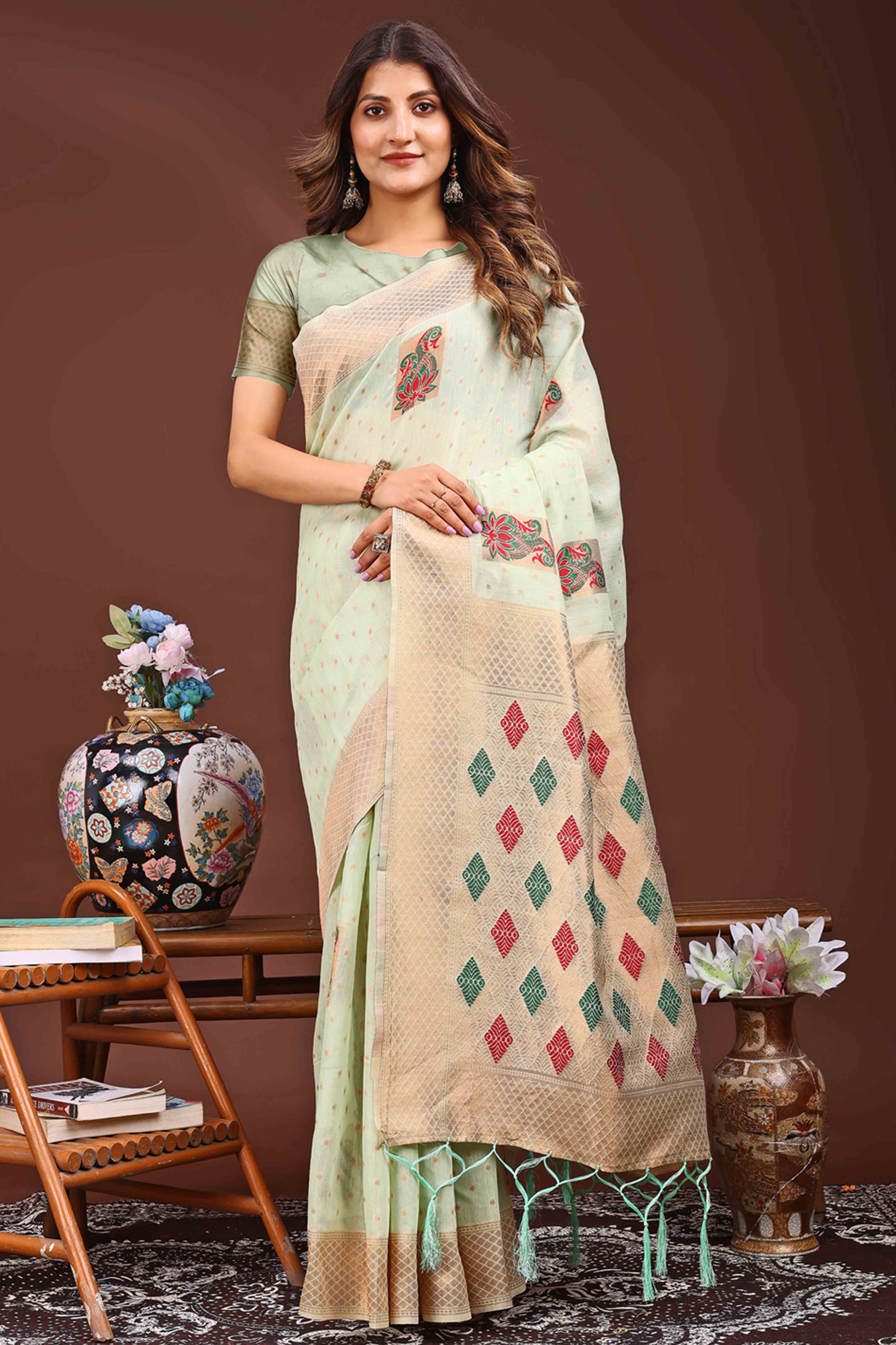 Light Green Floral Zari Weaving Linen Cotton Saree With Tassel Pallu Accent