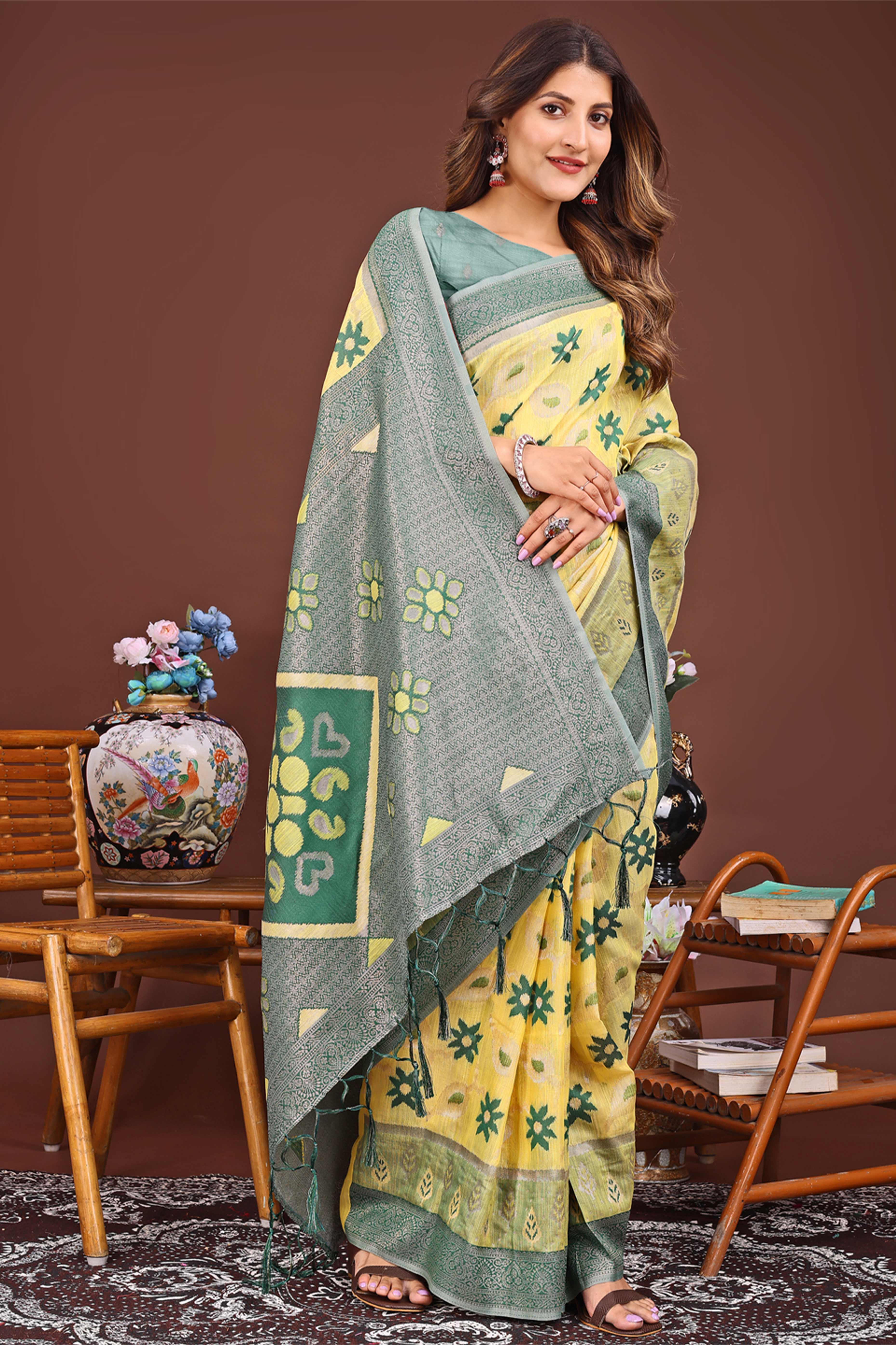 Yellow Ethnic Saree in Linen Cotton Fabric with Intricate Floral Pattern Weaving
