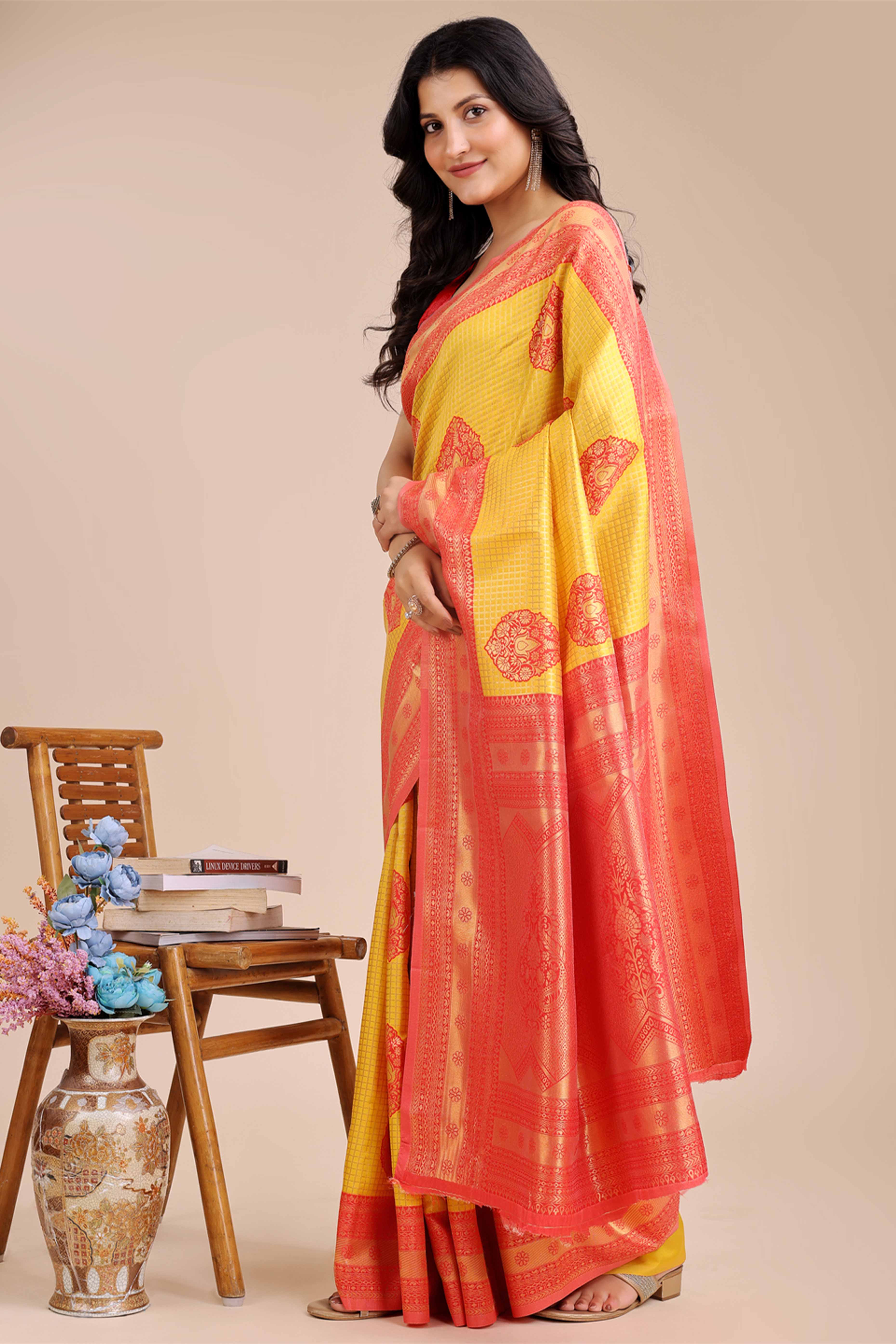 Yellow & Red Saree in Pure Banarasi Silk with Intricate Zari Borders and Motifs