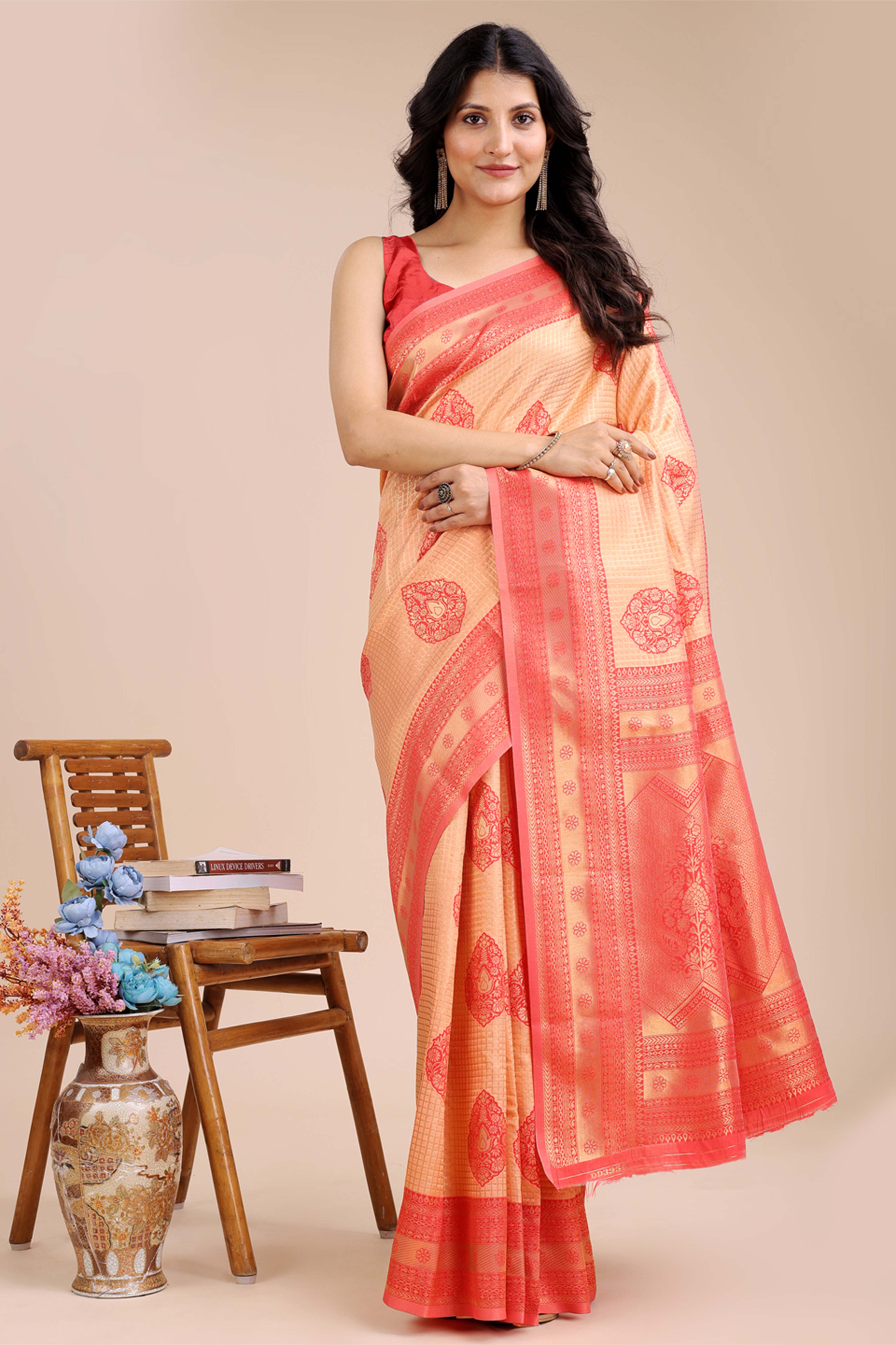 Orange & Red Saree in Pure Banarasi Silk with Intricate Zari Borders and Motifs
