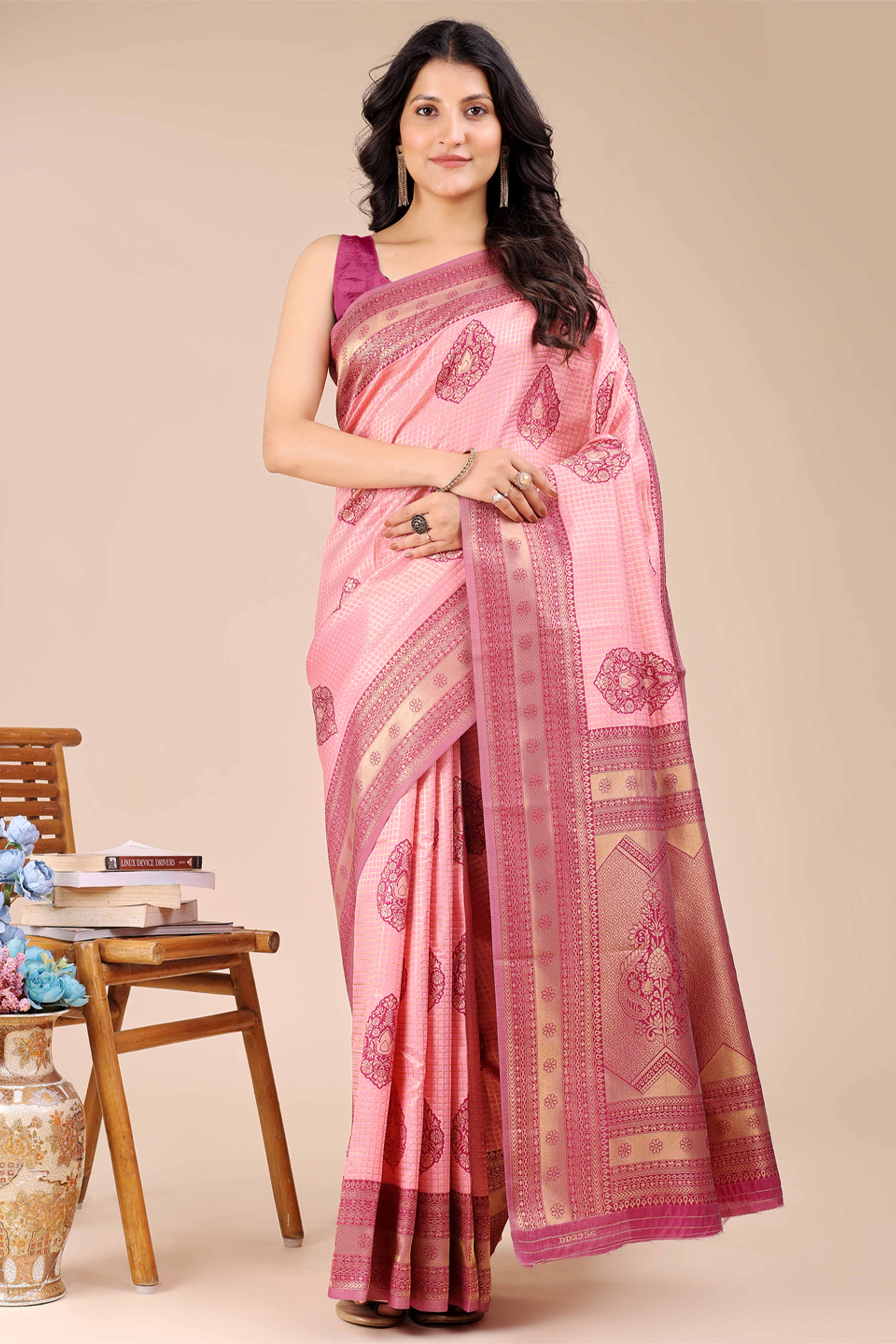 Light Pink & Magenta Saree in Pure Banarasi Silk with Intricate Zari Borders and Motifs