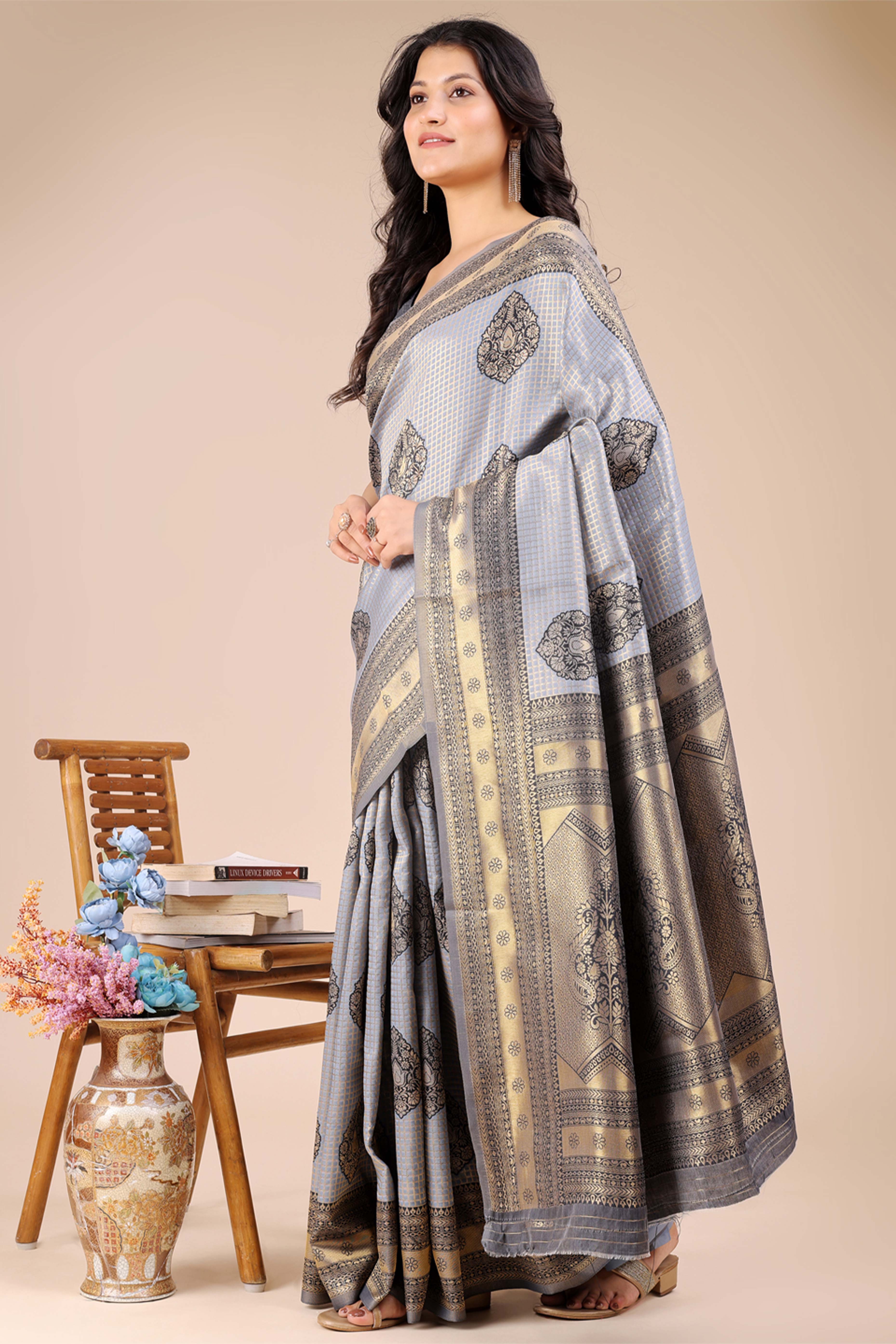 Grey Saree in Pure Banarasi Silk with Intricate Zari Borders and Motifs