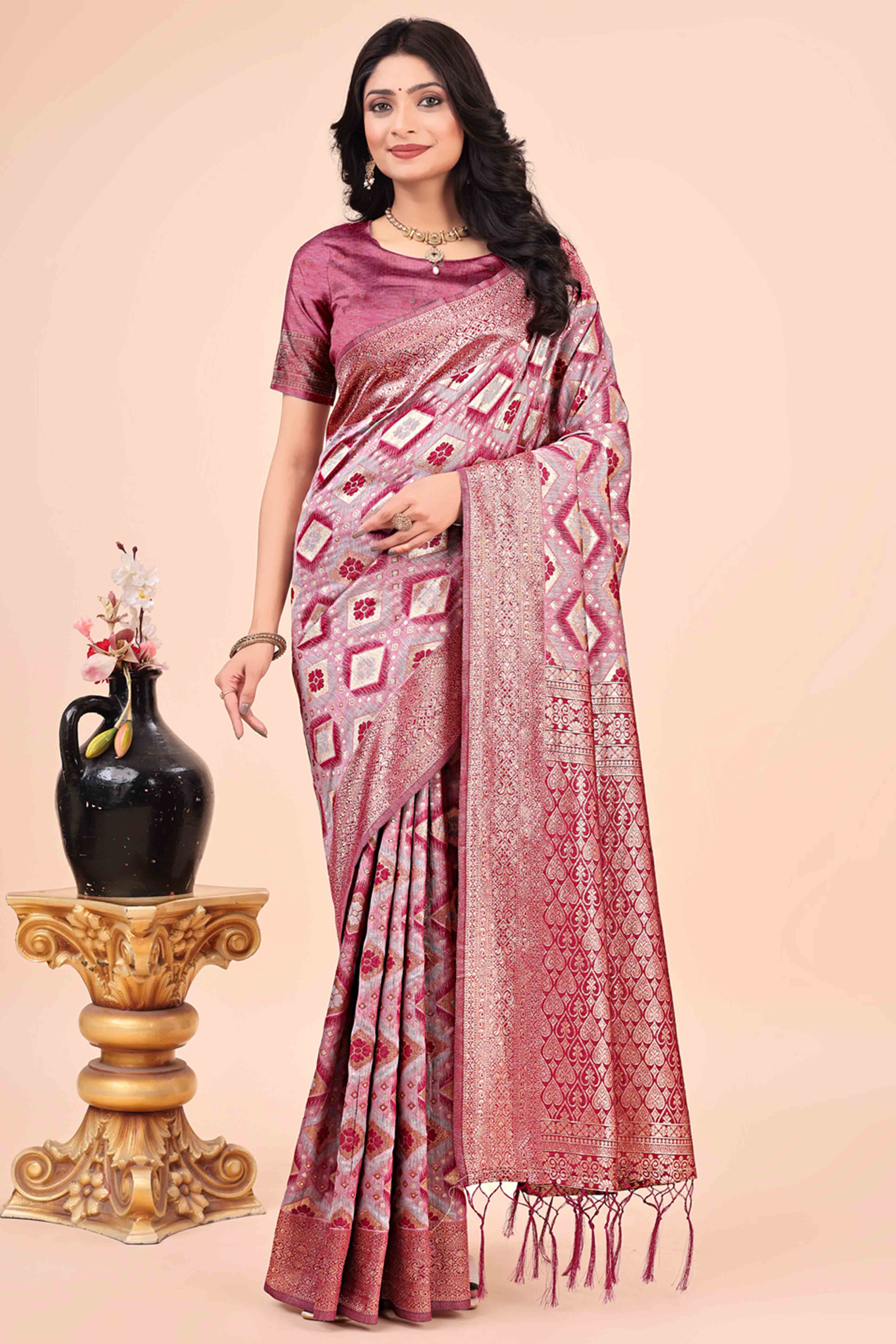 Floral Weaving On Pink Cotton Blend Saree With Tassels