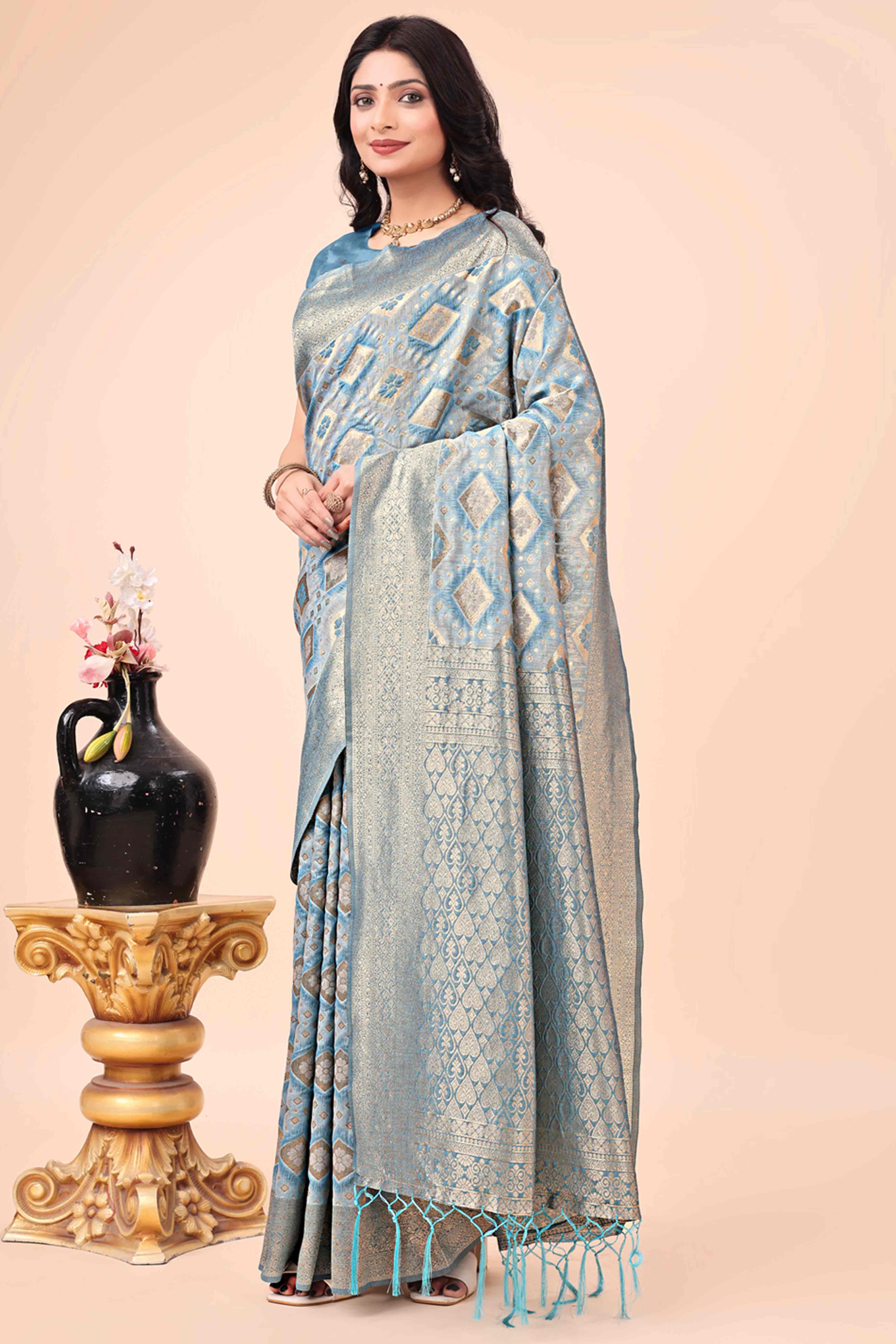 Floral Weaving On Bluish Grey Cotton Blend Saree With Tassels