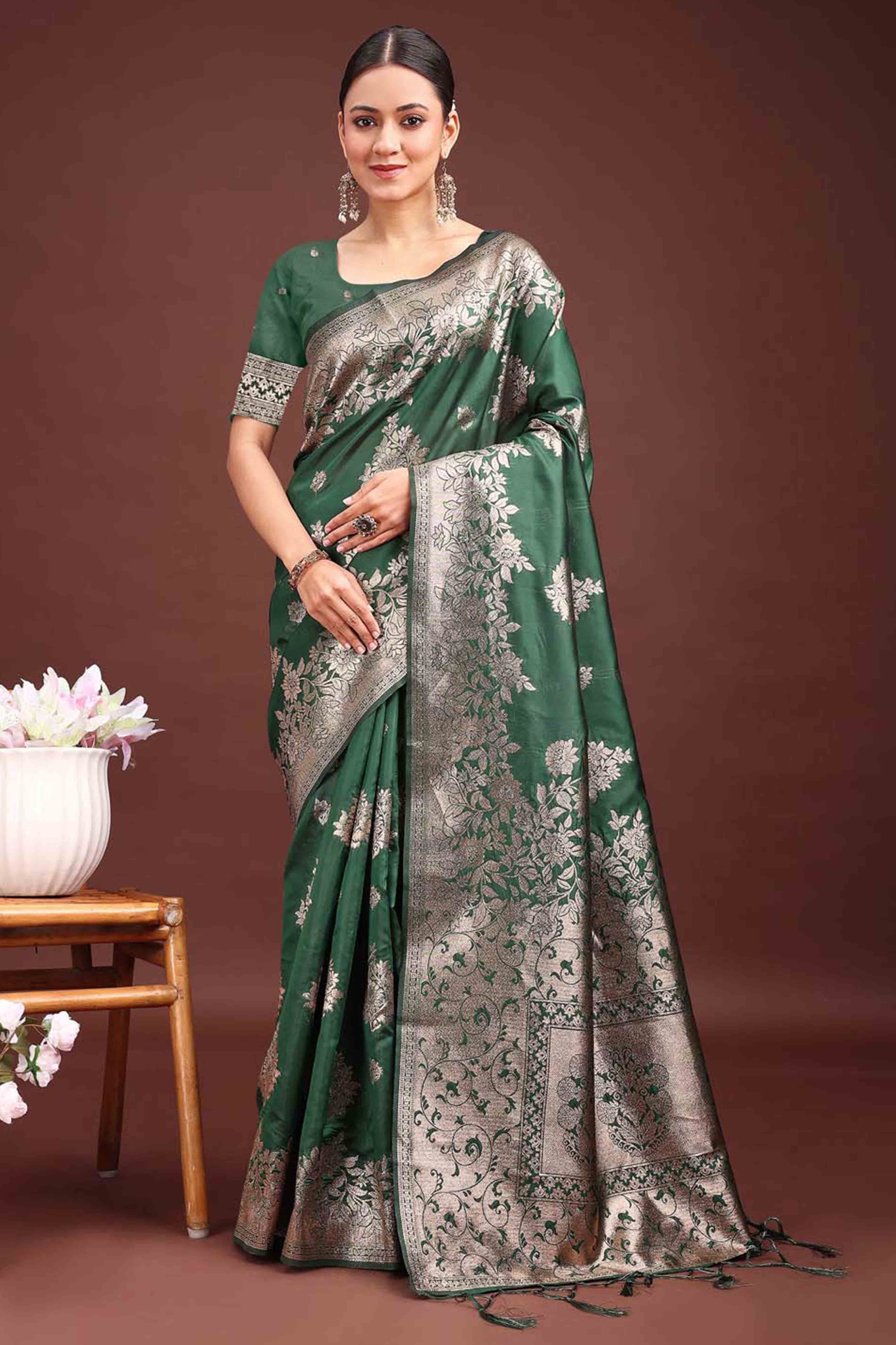 Dark Green Banarasi Silk Saree With Floral Zari Weaving & Elegant Tassels