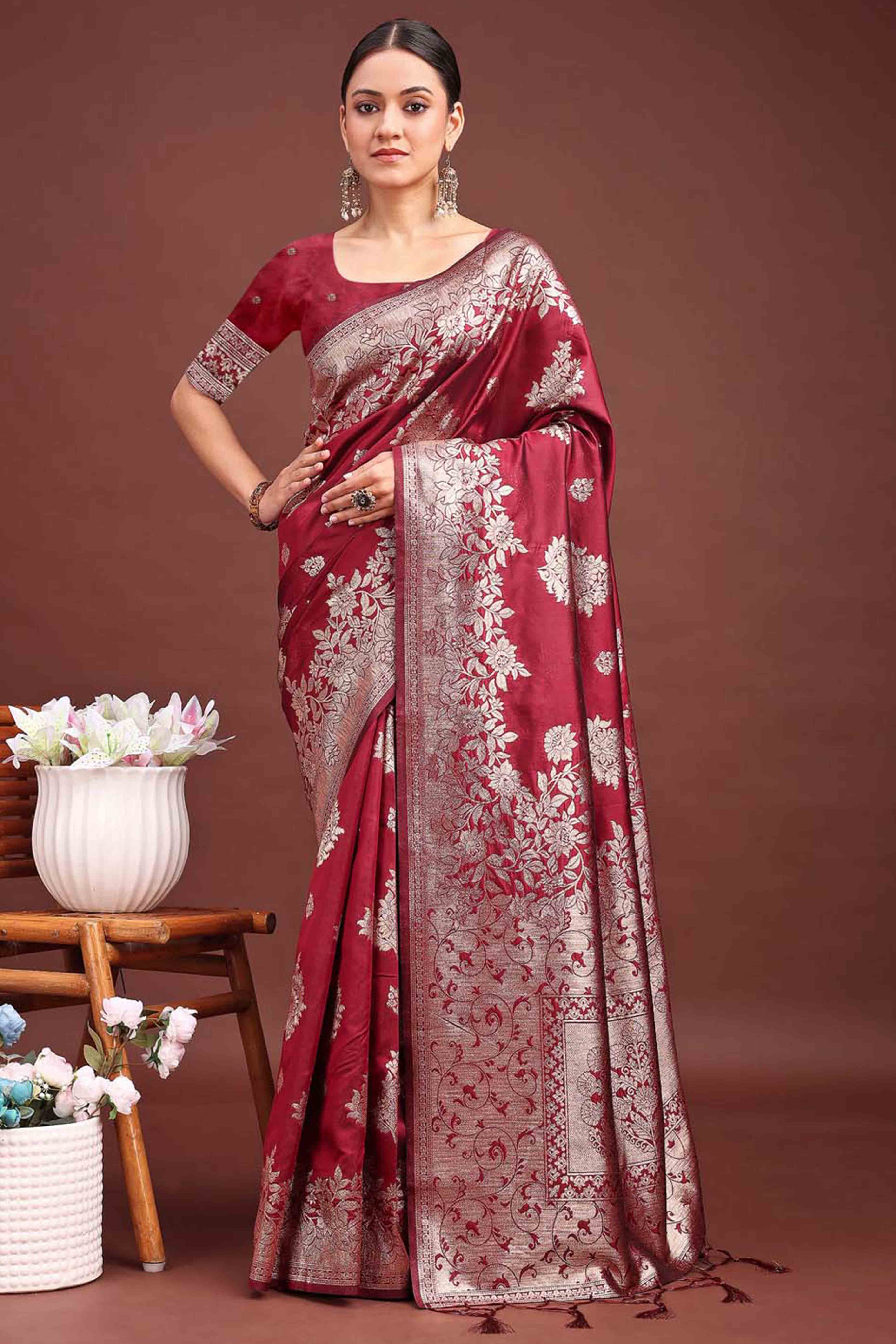 Maroon Banarasi Silk Saree With Floral Zari Weaving & Elegant Tassels