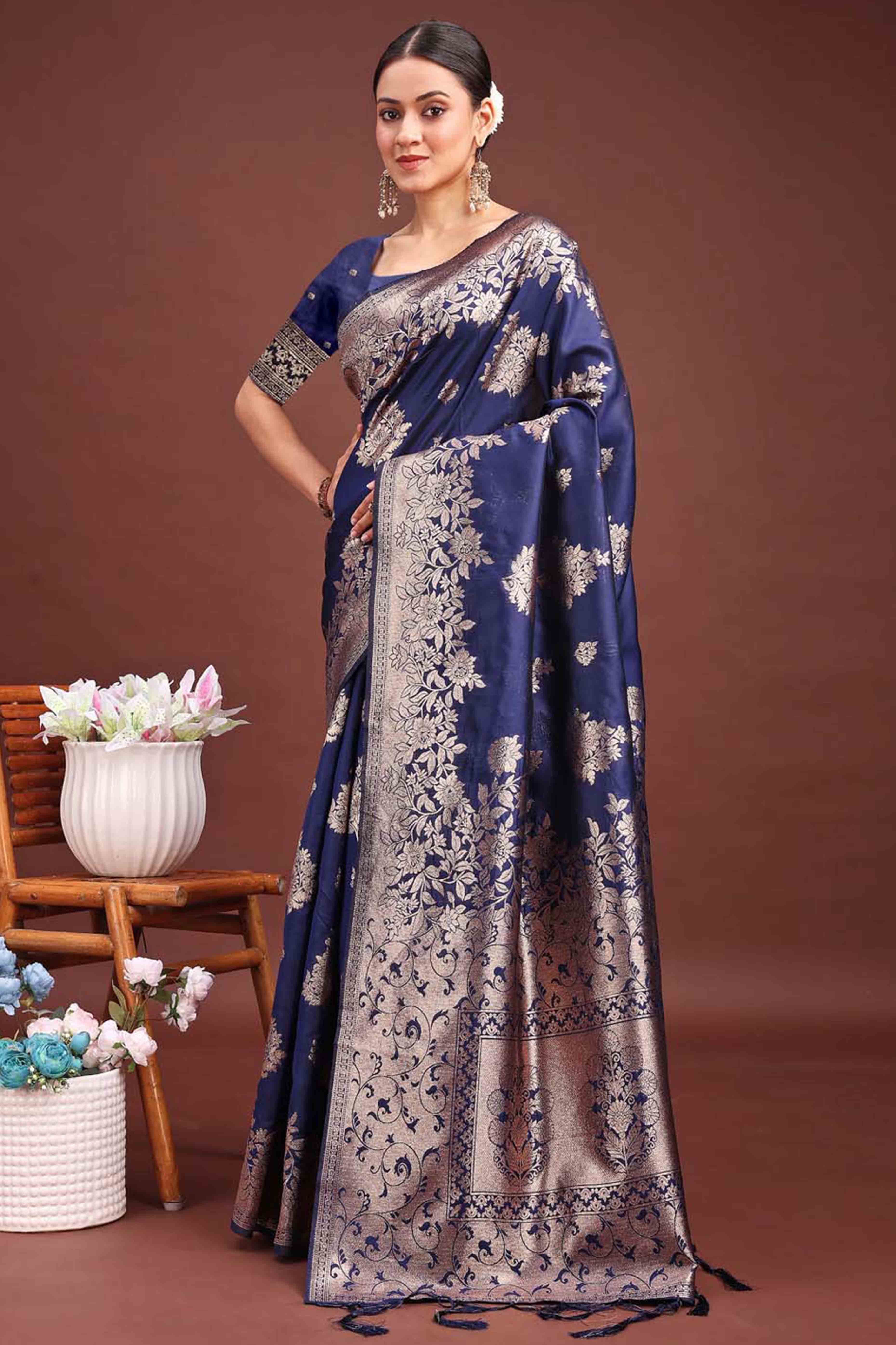 Navy Blue Banarasi Silk Saree With Floral Zari Weaving & Elegant Tassels