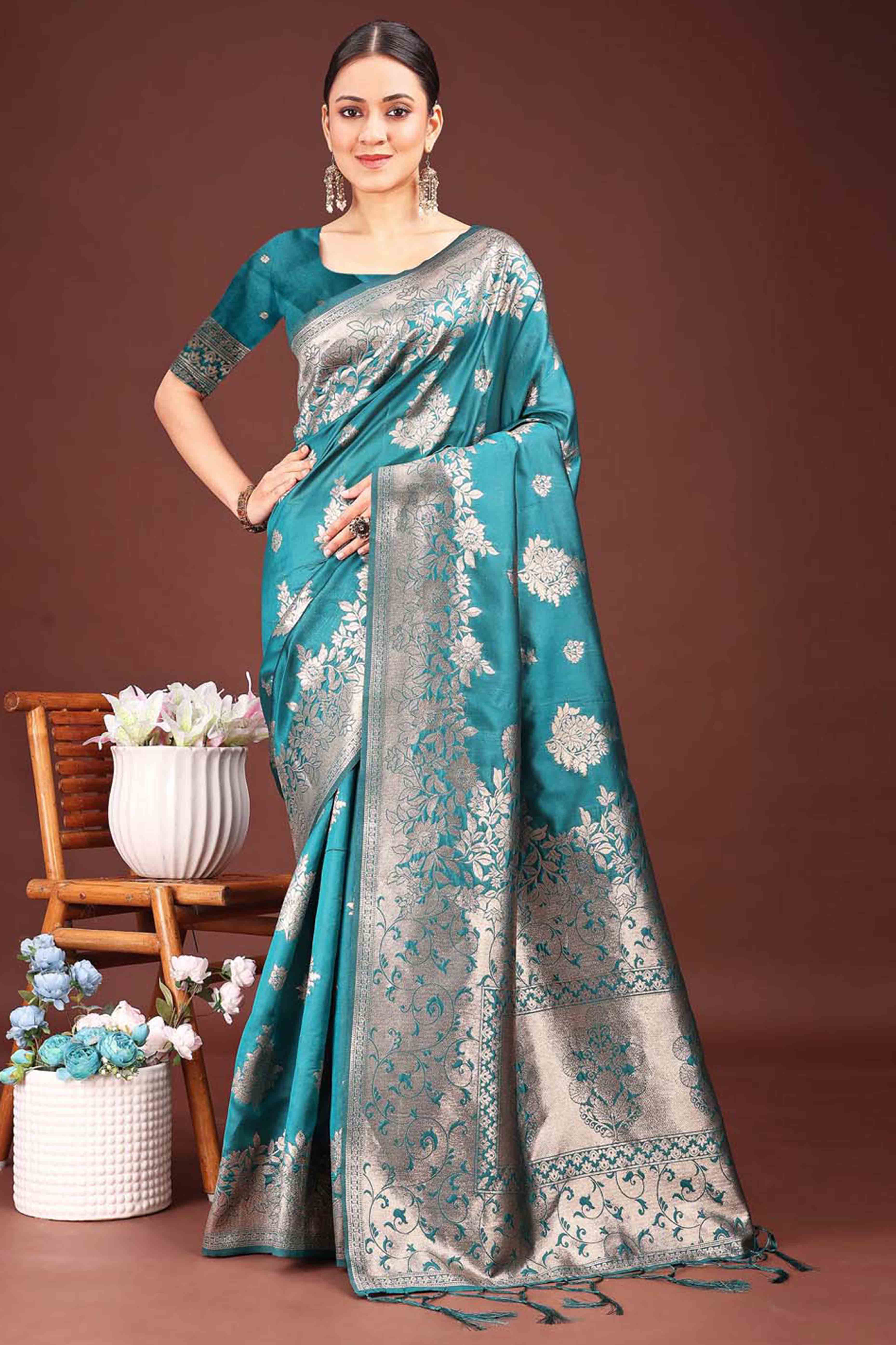 Rama Blue Banarasi Silk Saree With Floral Zari Weaving & Elegant Tassels