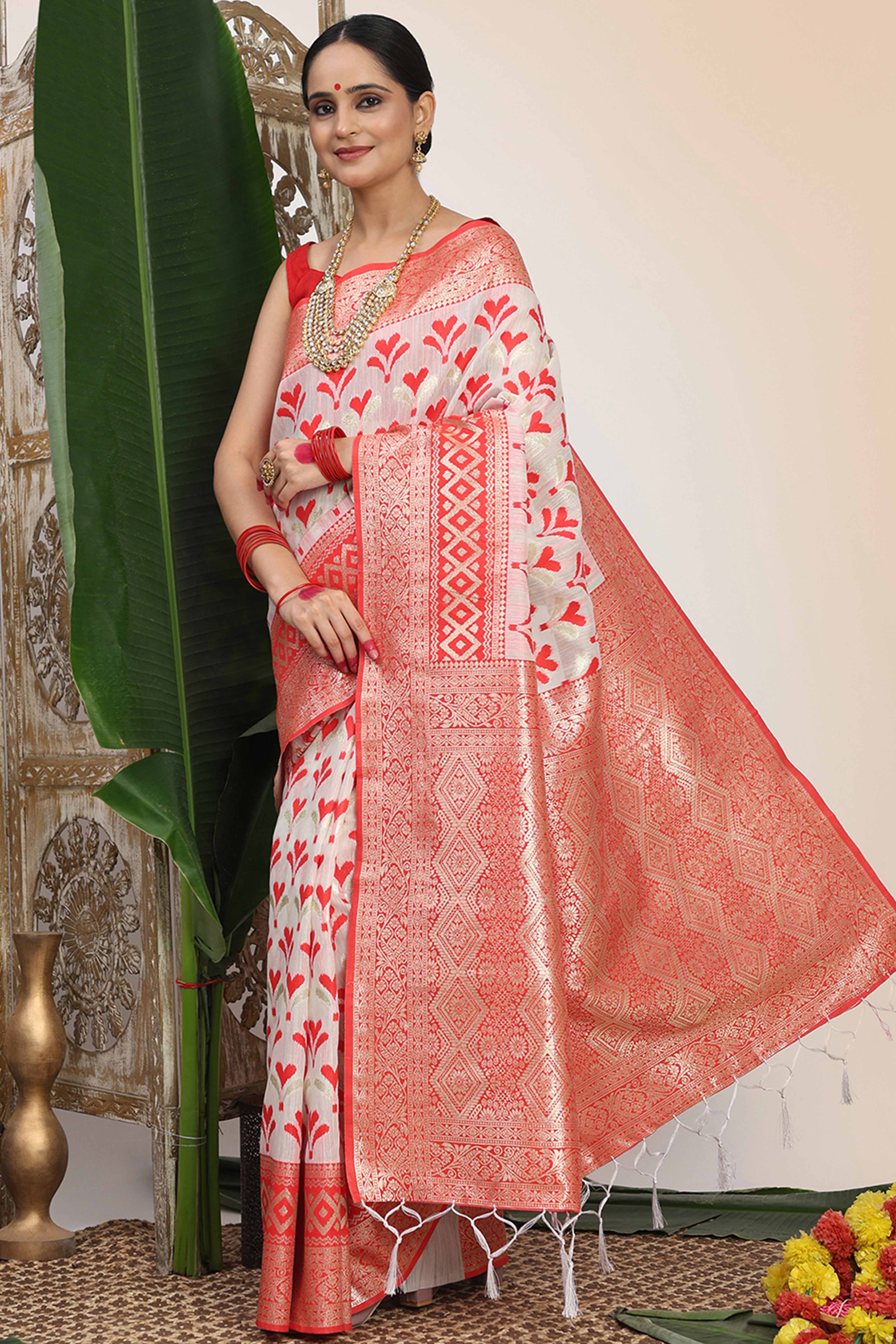 White & Red  Fusion Linen Cotton Saree With Classic Zari Weaving And Soft Tassel Accents