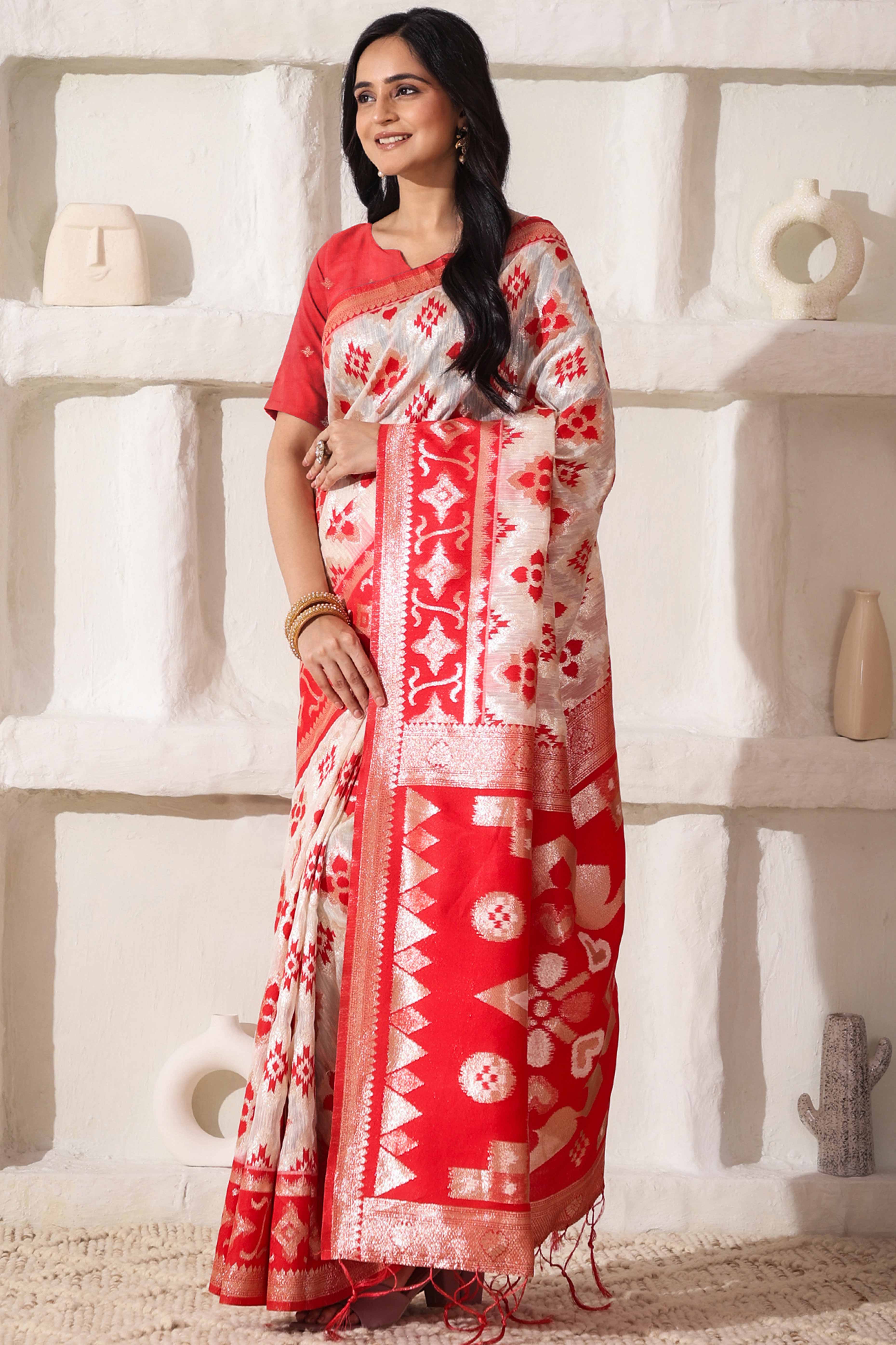 Traditional Zari Weaving On White & Red Linen Cotton Saree With A Charming Tassel Pallu