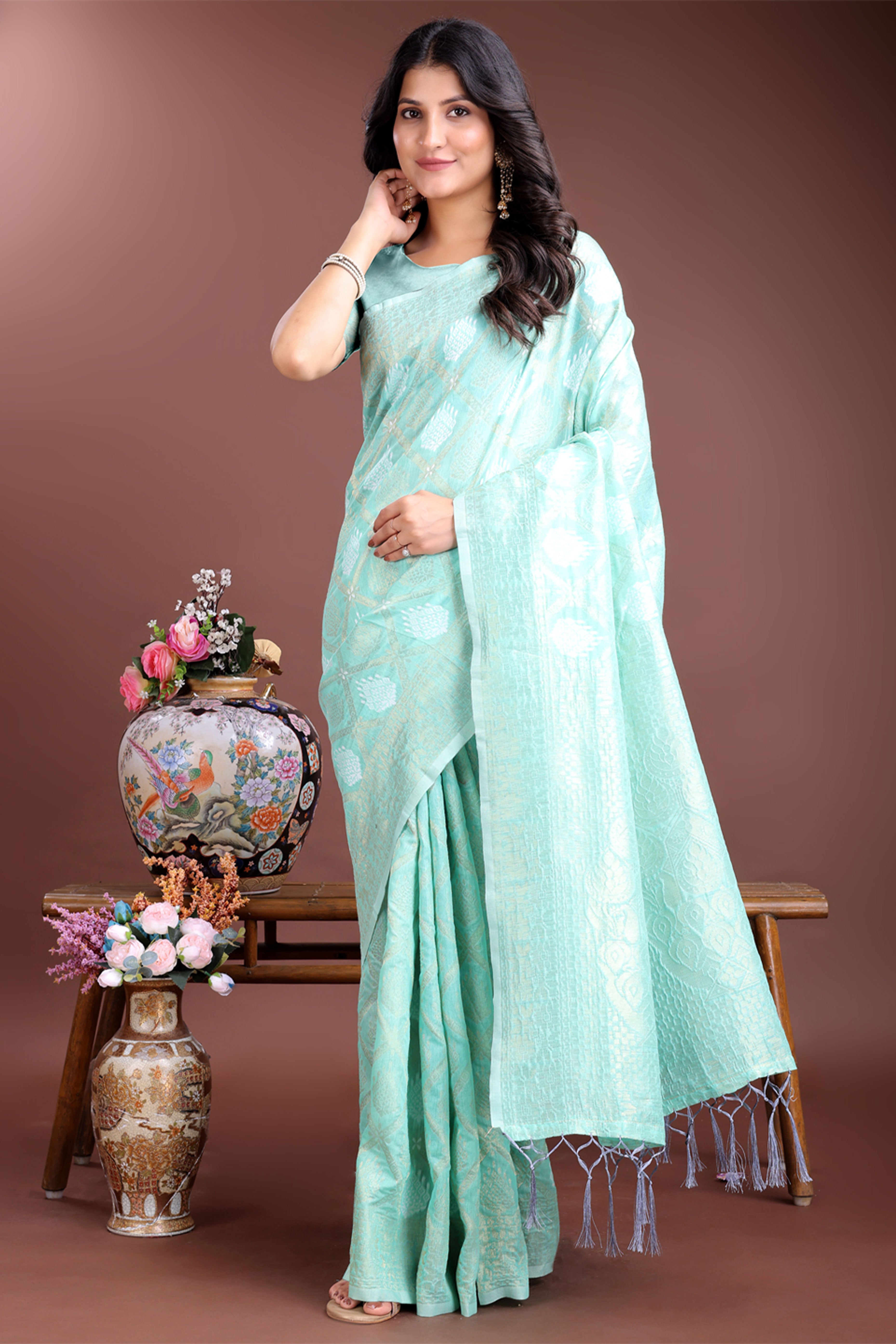 Sea Green Zari Woven Linen Cotton Saree with Graceful Tassels
