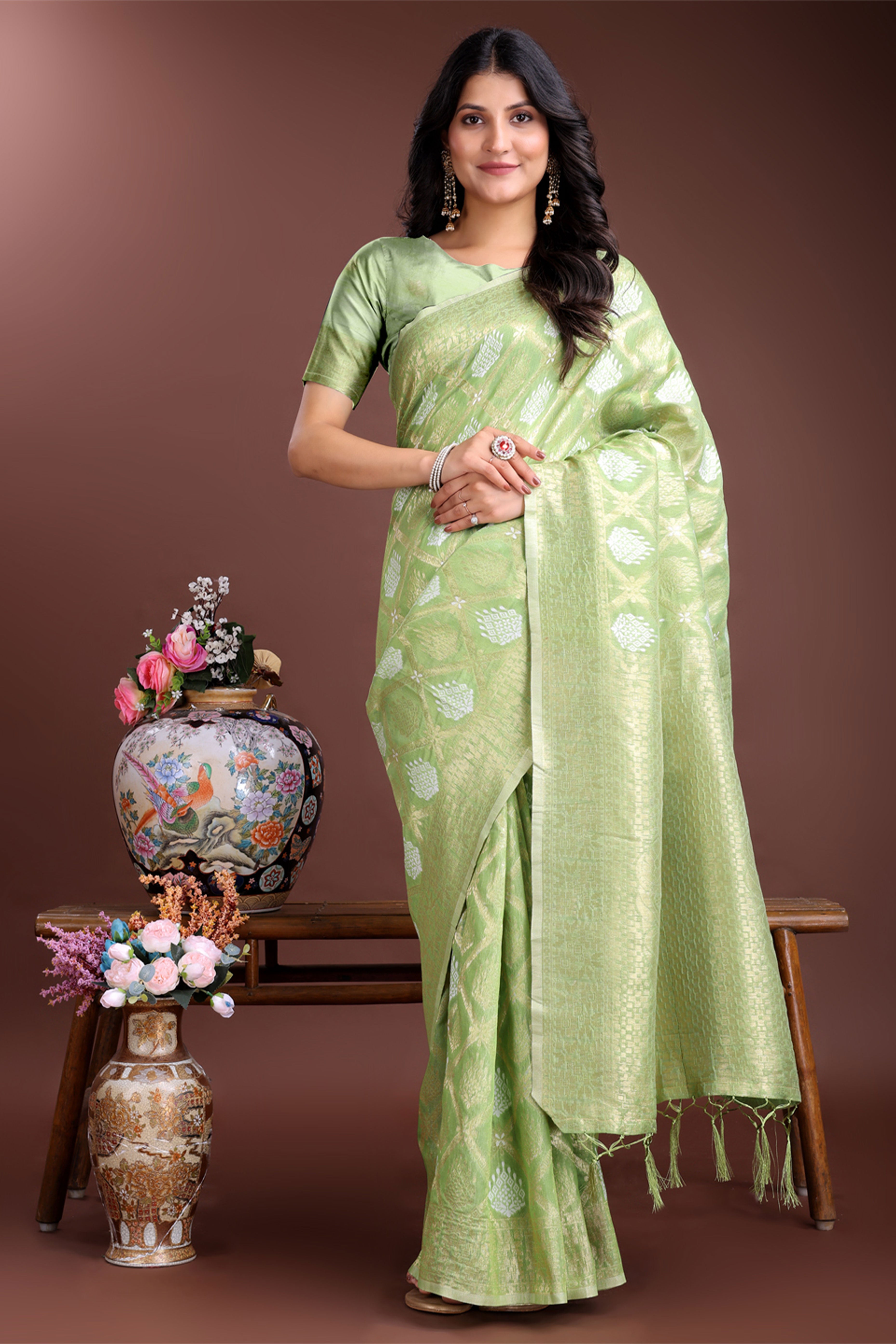 Light Green Zari Woven Linen Cotton Saree with Graceful Tassels