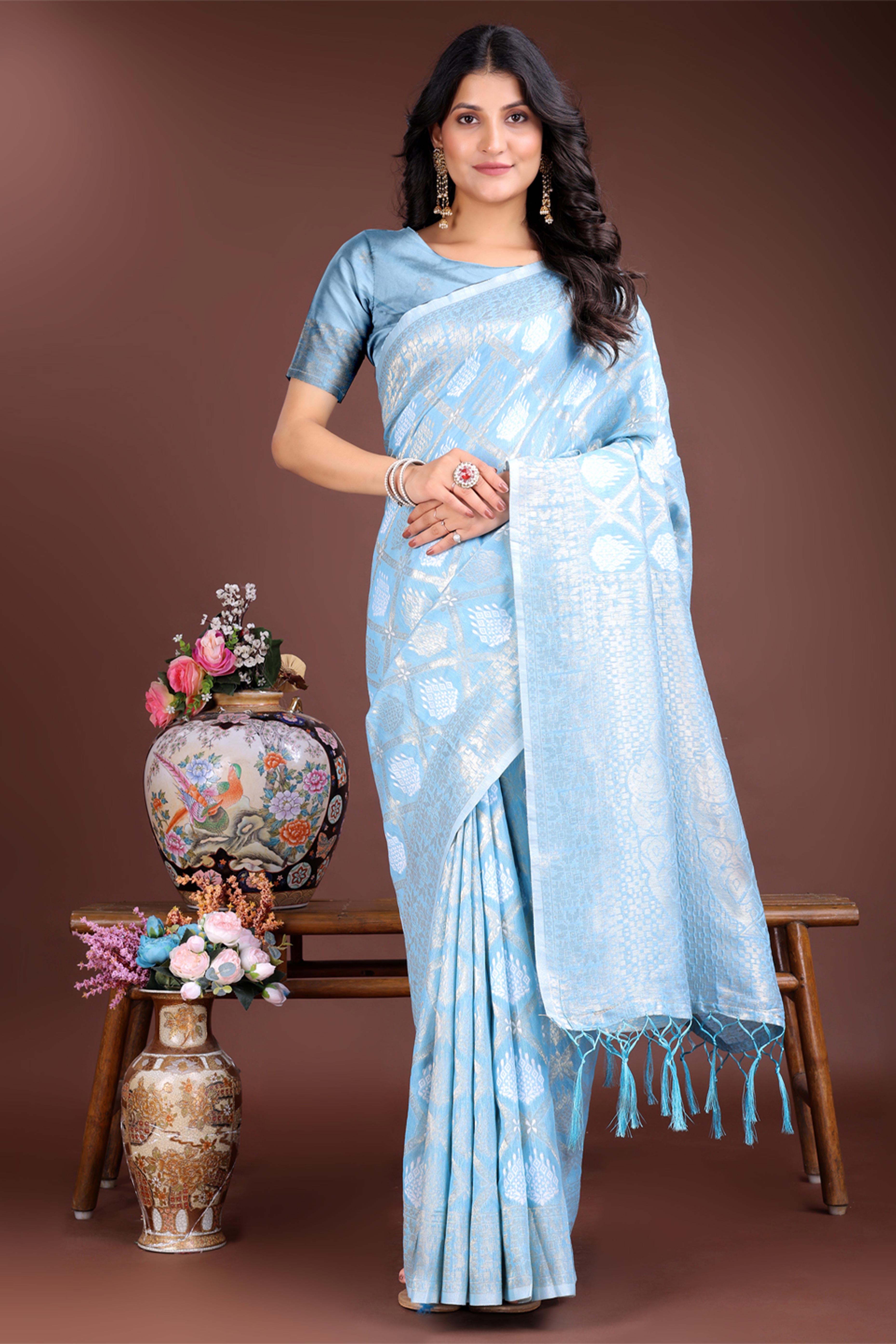 Sky Blue Zari Woven Linen Cotton Saree with Graceful Tassels