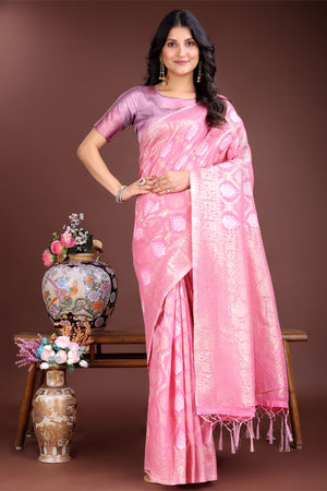 Pink Zari Woven Linen Cotton Saree with Graceful Tassels