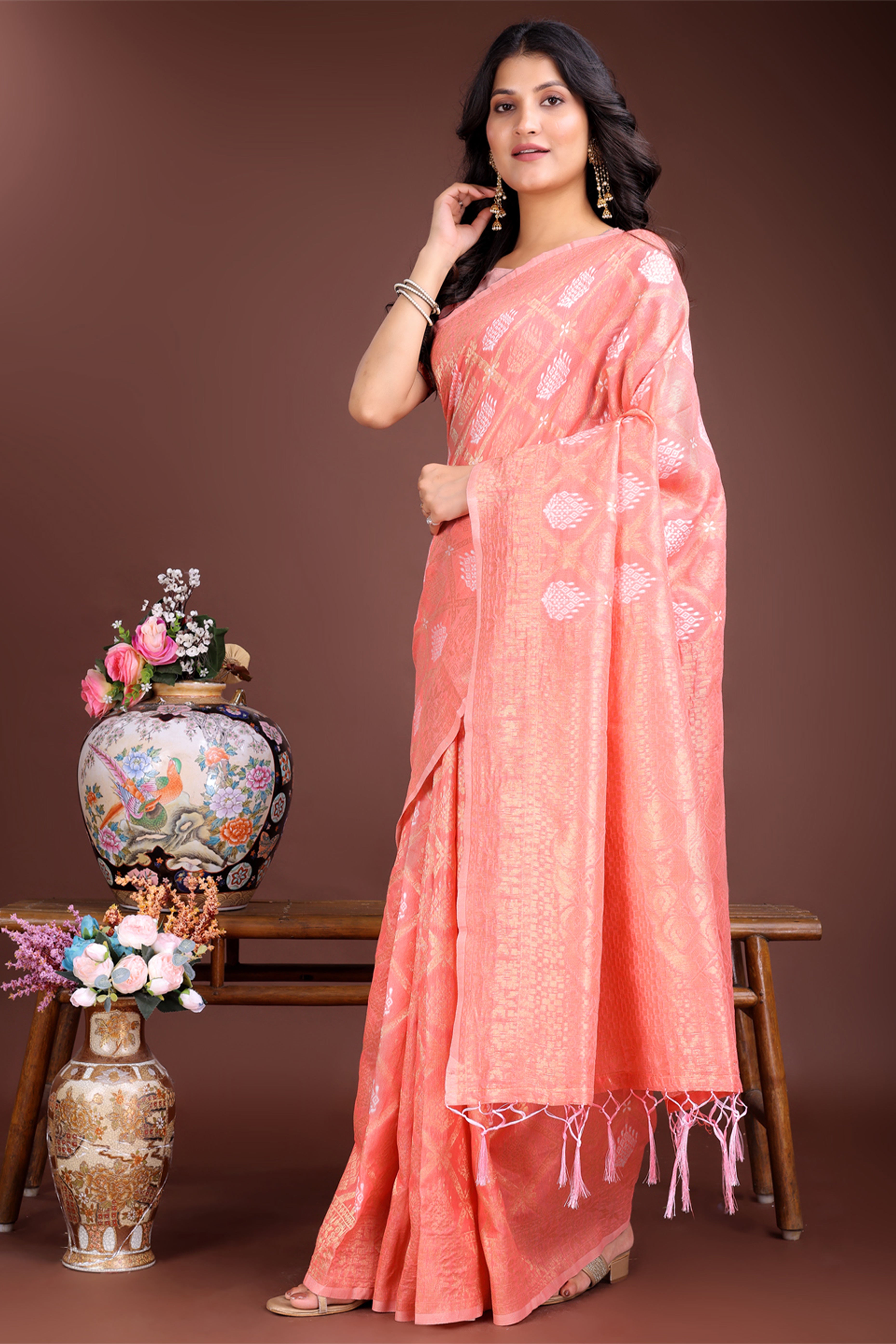 Peach Zari Woven Linen Cotton Saree with Graceful Tassels