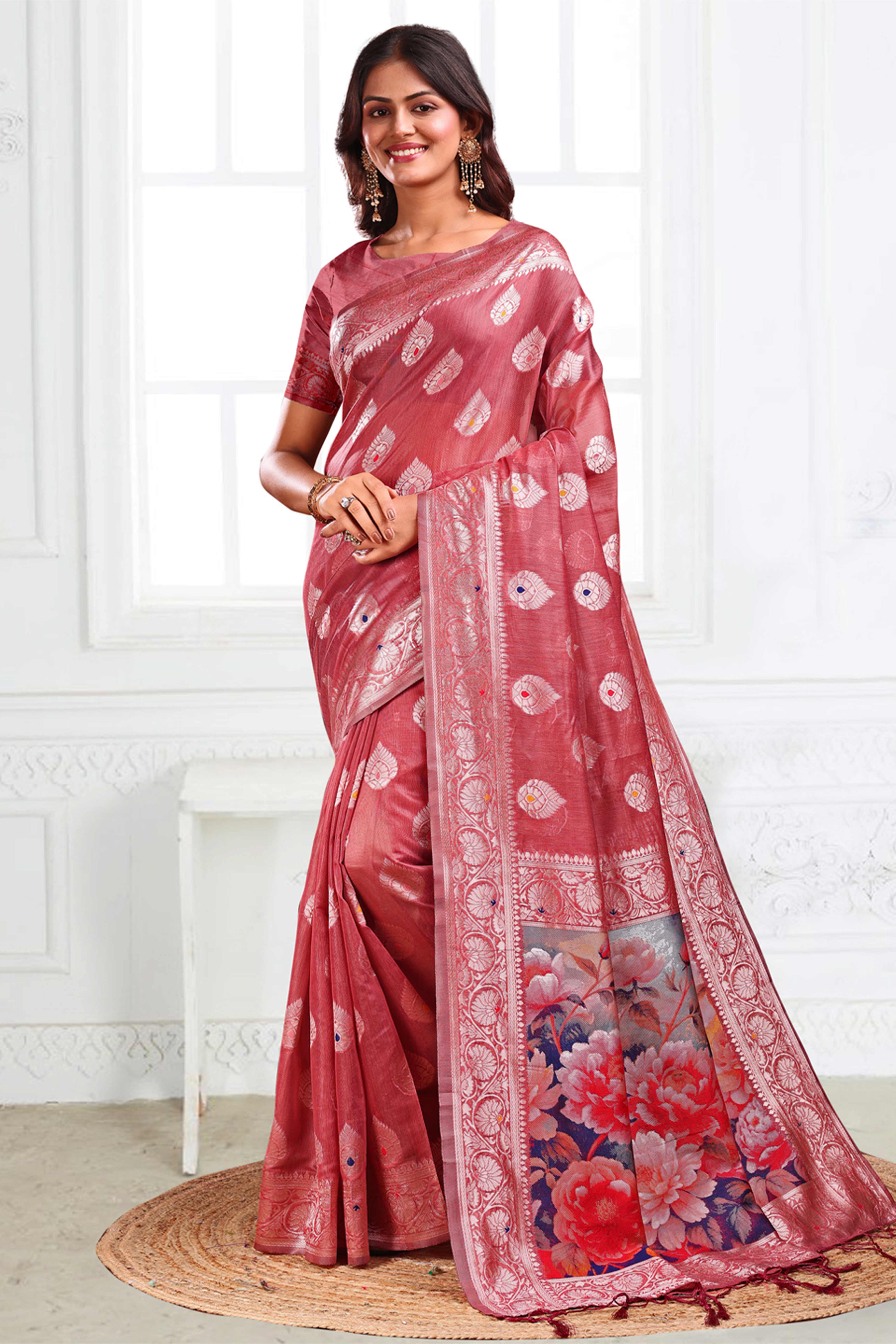 Deep Rose Pink Linen Cotton Silk Saree Adorned With Intricate Floral Zari Weaving & Tassel Pallu