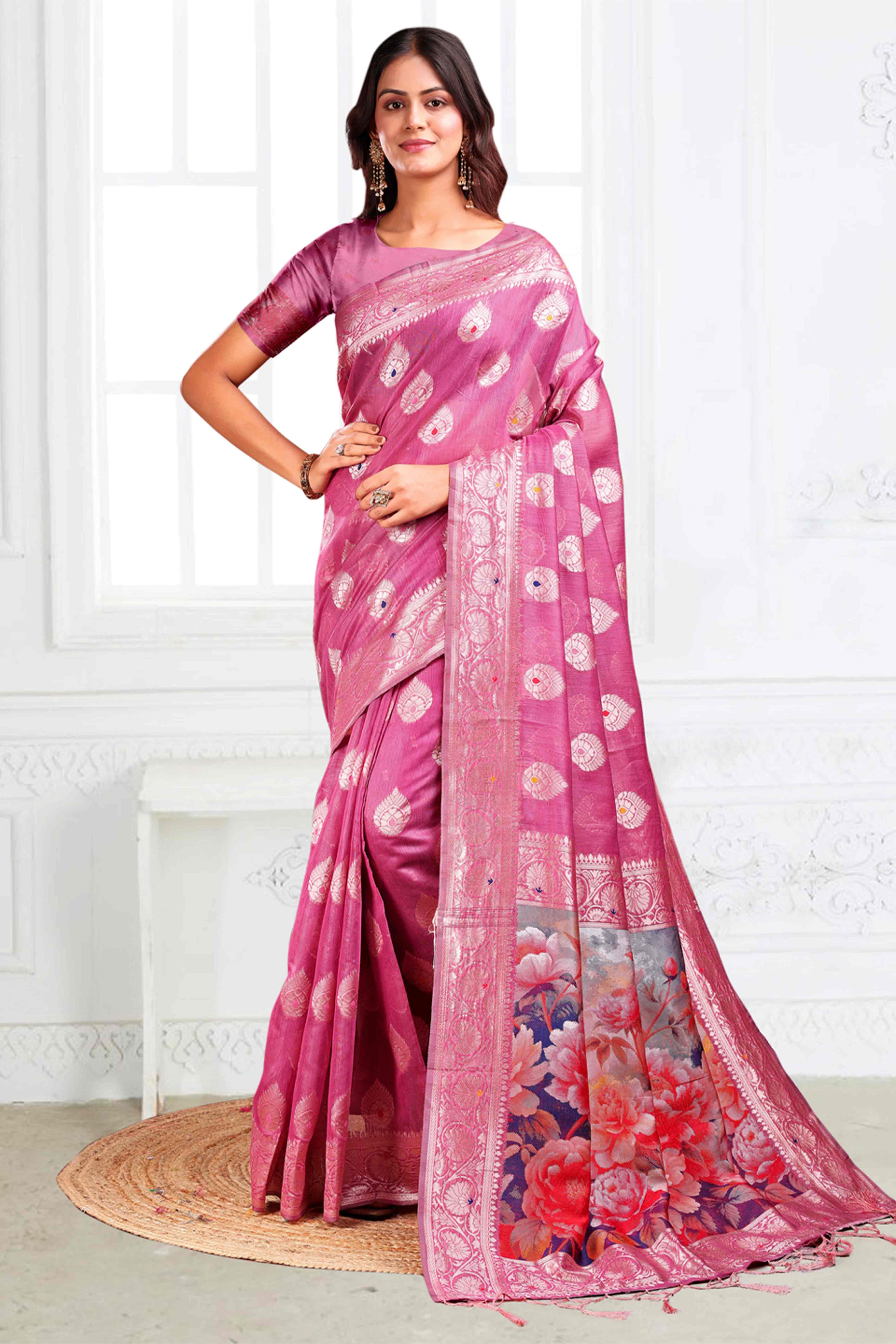 Pink Linen Cotton Silk Saree Adorned With Intricate Floral Zari Weaving & Tassel Pallu