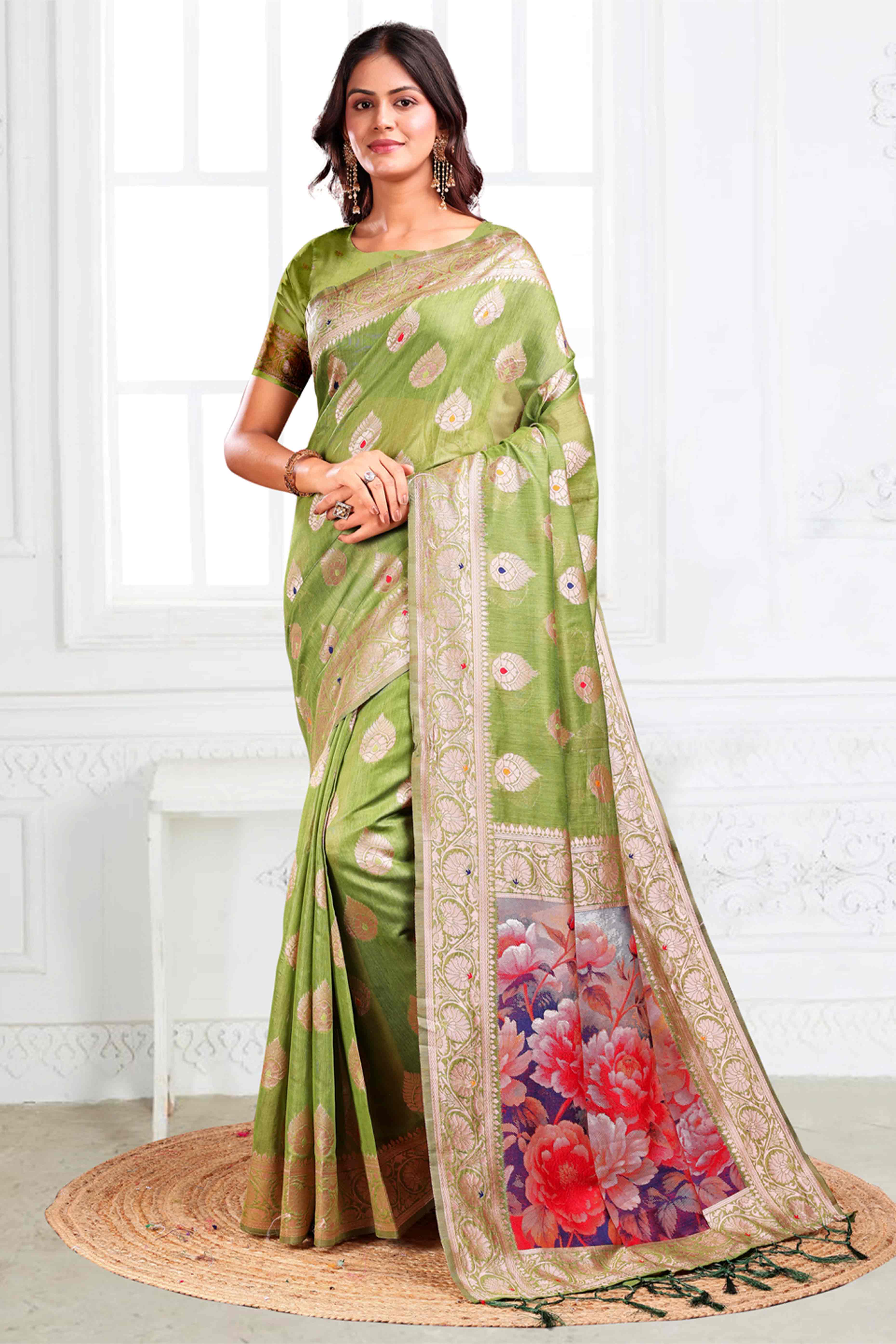 Green Linen Cotton Silk Saree Adorned With Intricate Floral Zari Weaving & Tassel Pallu