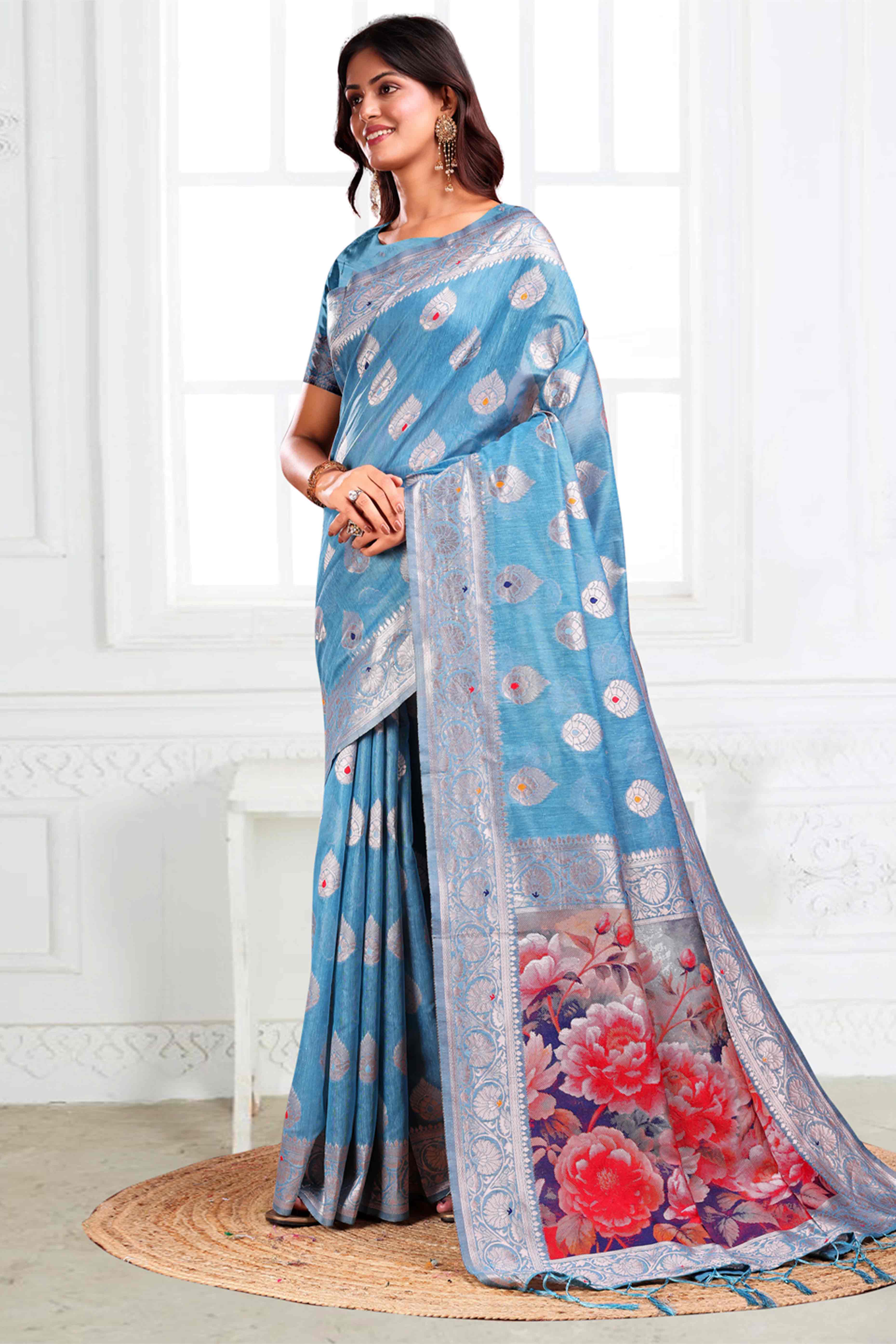 Sky Blue Linen Cotton Silk Saree Adorned With Intricate Floral Zari Weaving & Tassel Pallu