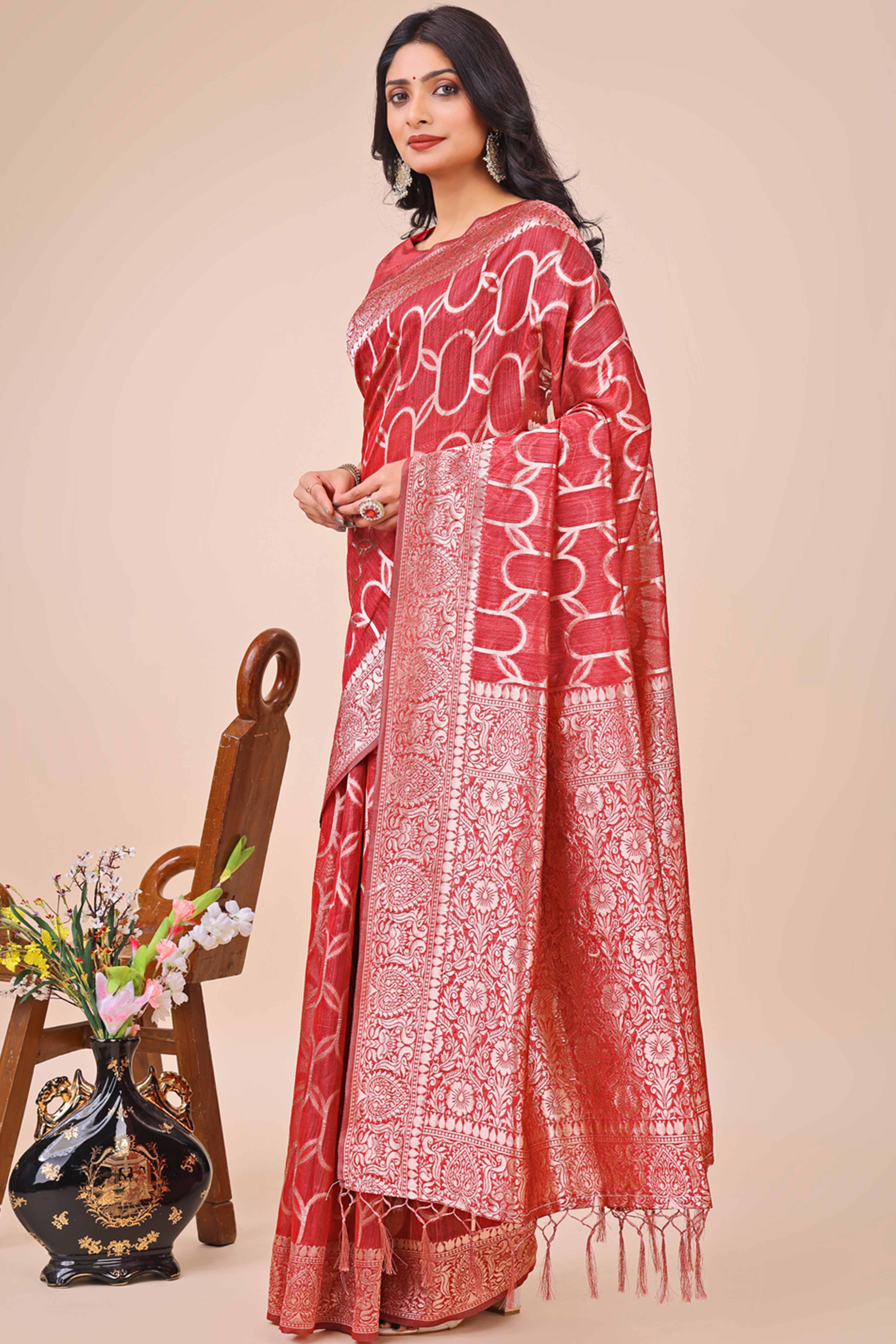 Red Linen Cotton Saree With Floral Zari Weaving & Delicate Tassel Border