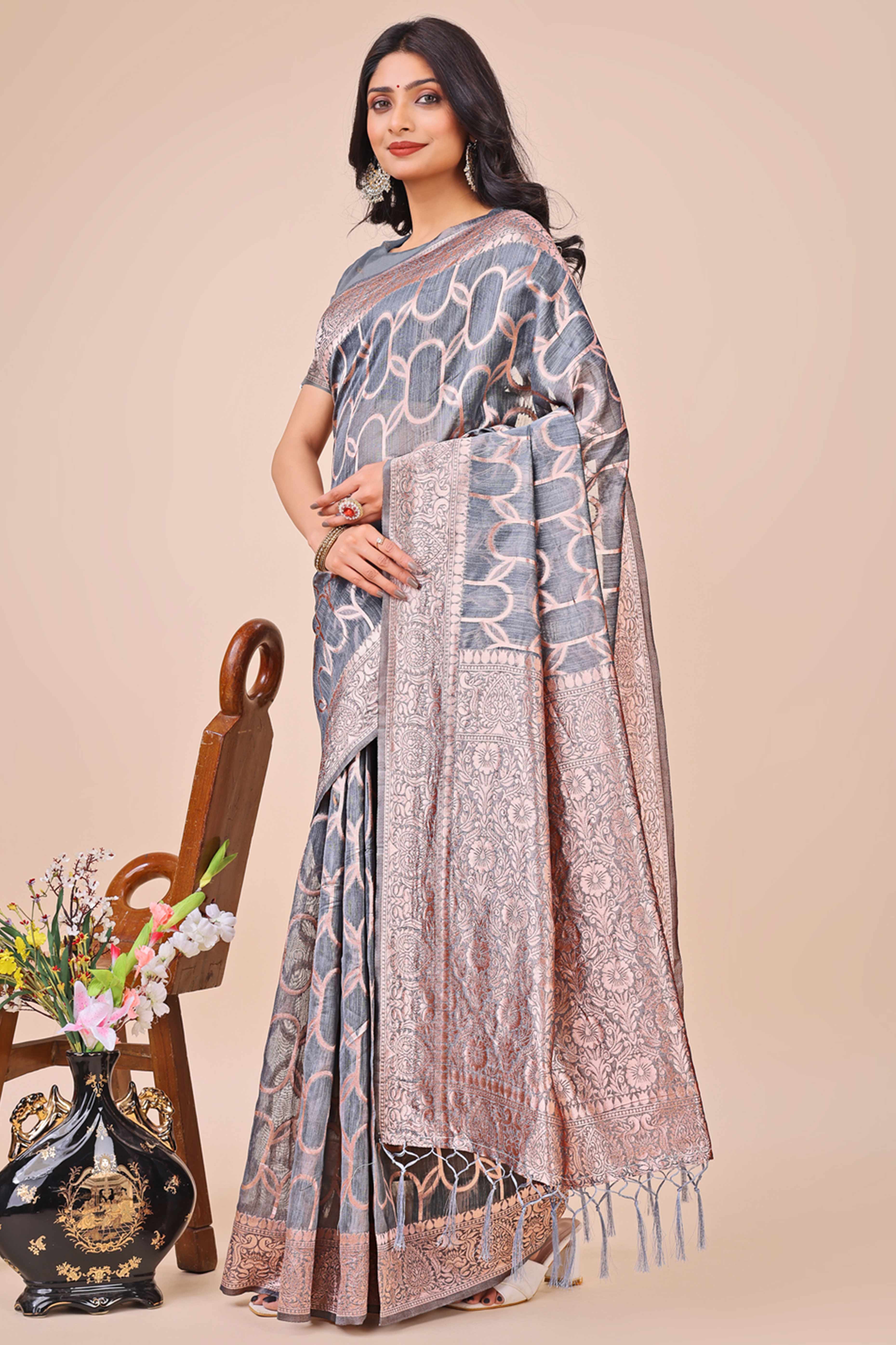 Grey Linen Cotton Saree With Floral Zari Weaving & Delicate Tassel Border