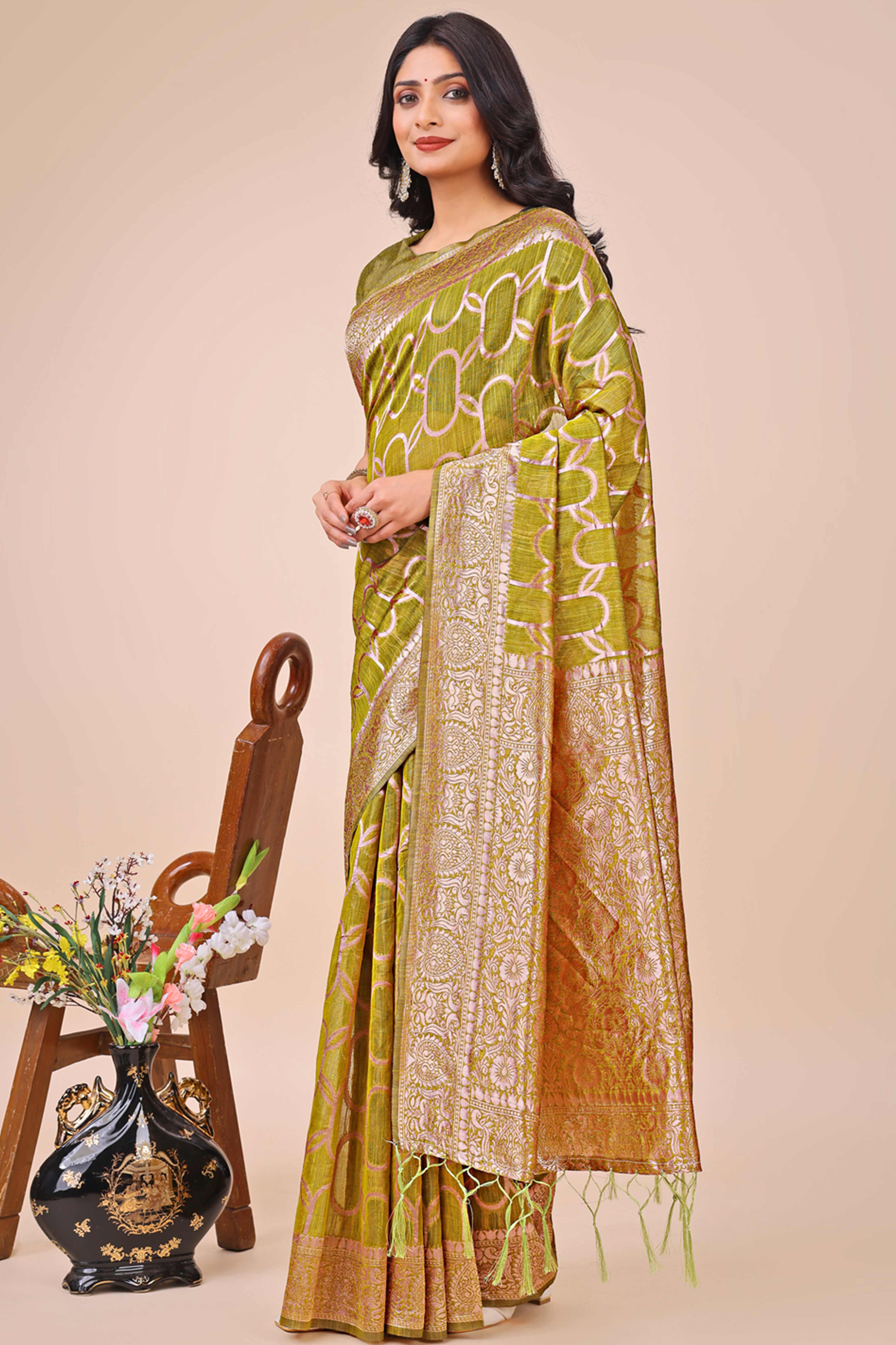 Olive Green Linen Cotton Saree With Floral Zari Weaving & Delicate Tassel Border