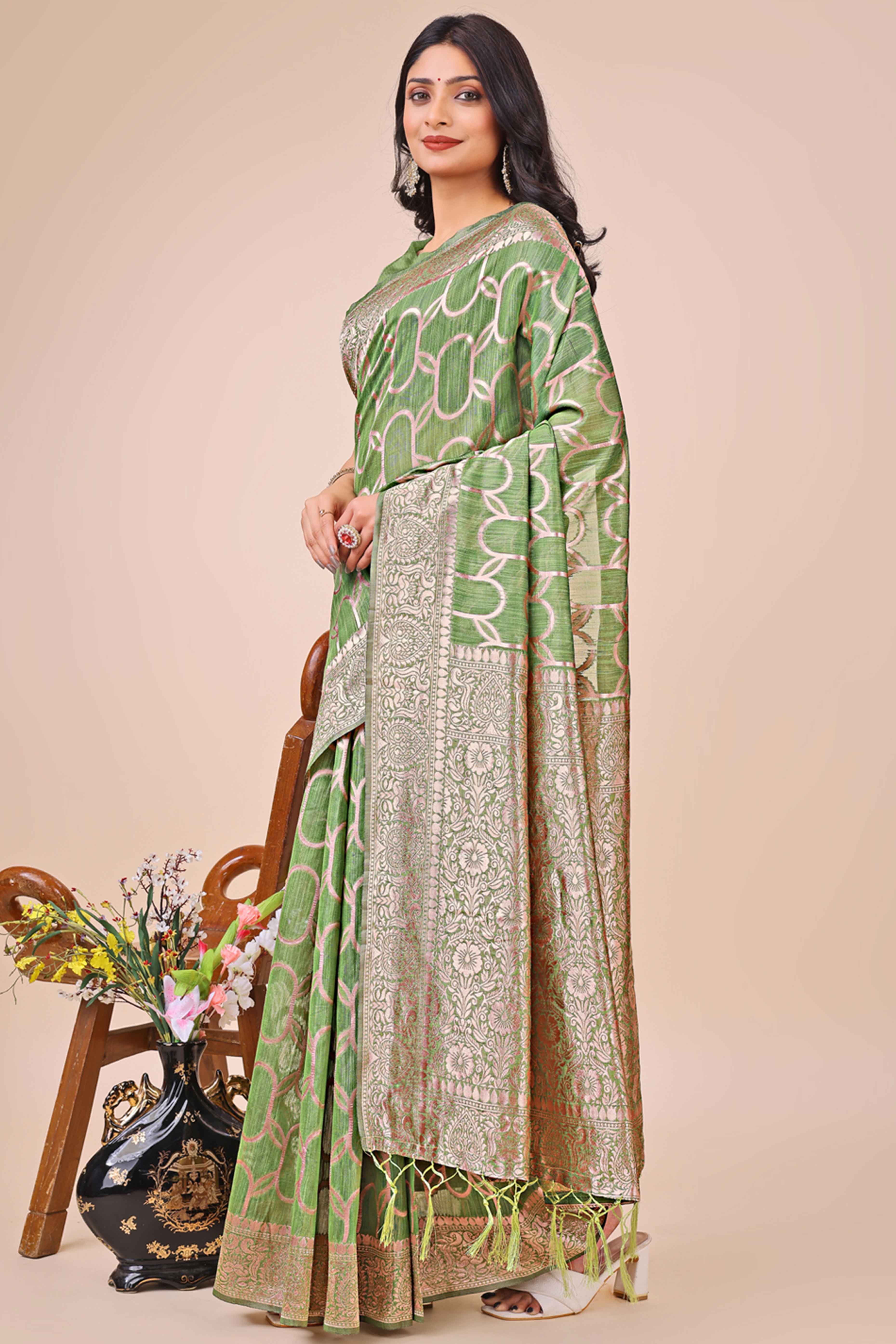 Green Linen Cotton Saree With Floral Zari Weaving & Delicate Tassel Border