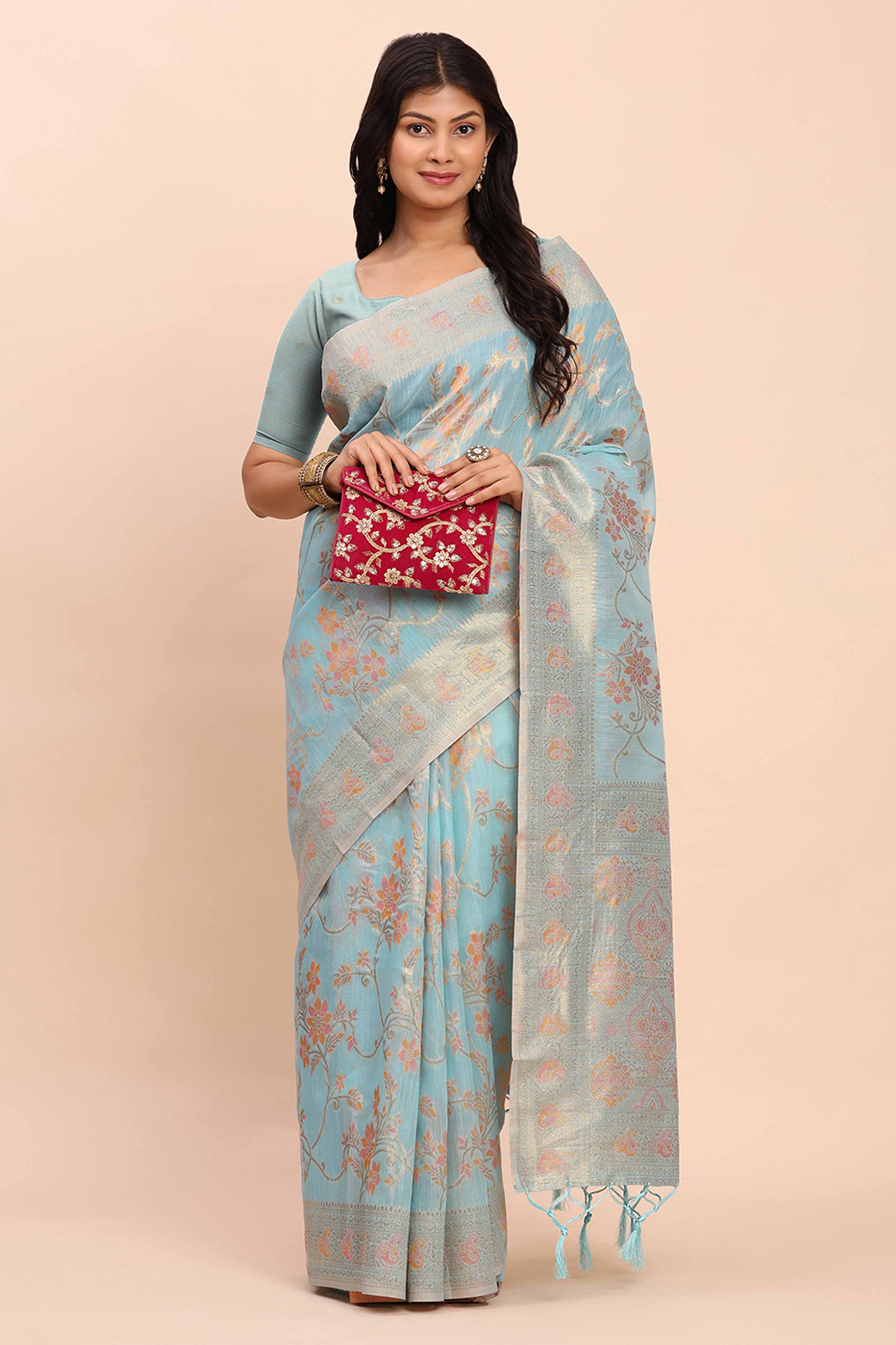 Sky Blue Linen Cotton Saree Showcasing Floral Zari Weaves & A Tasselled Finish Pallu