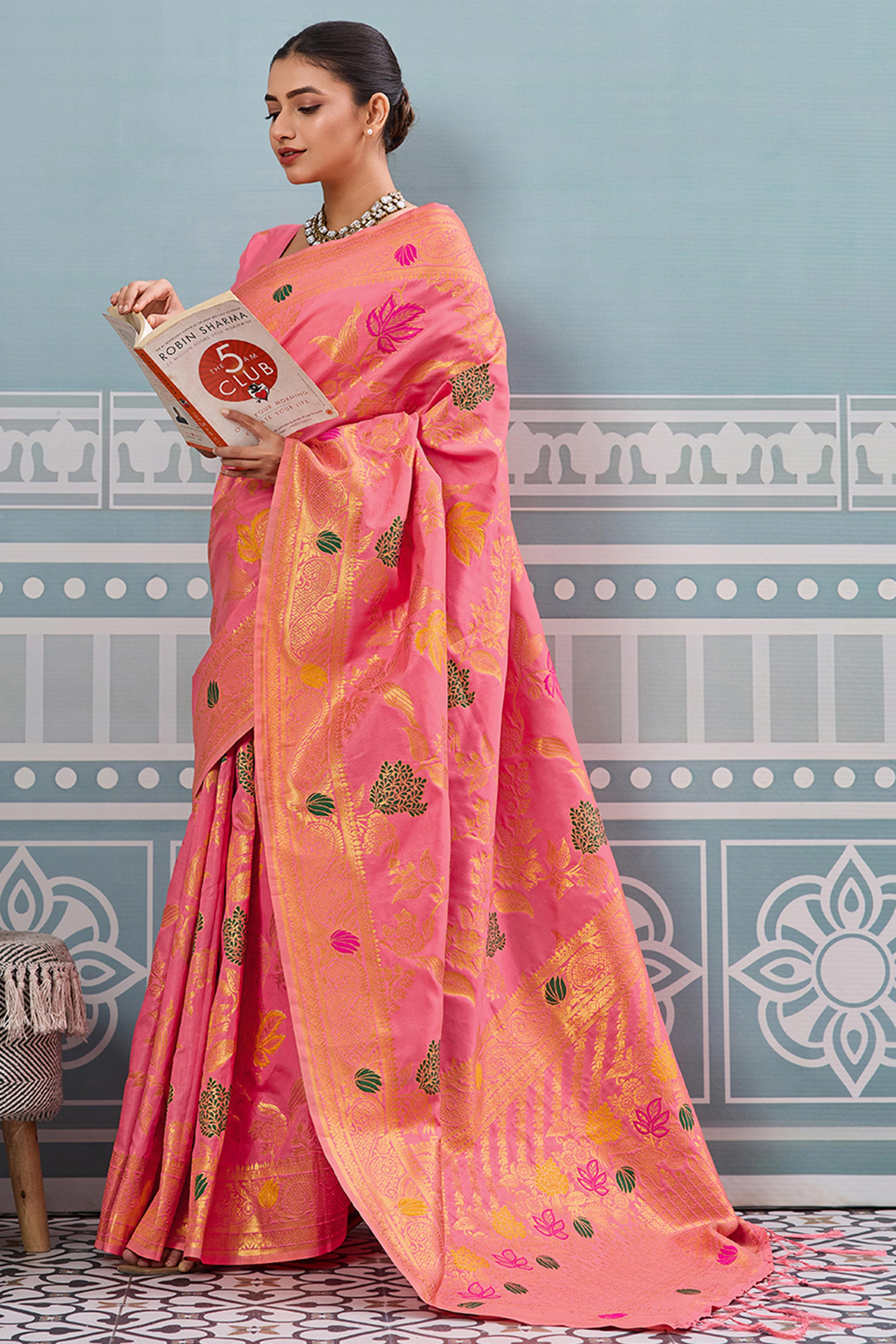 Radiant Pink Silk Blend Saree Adorned With Intricate Floral Zari Weaving & Tassel Pallu