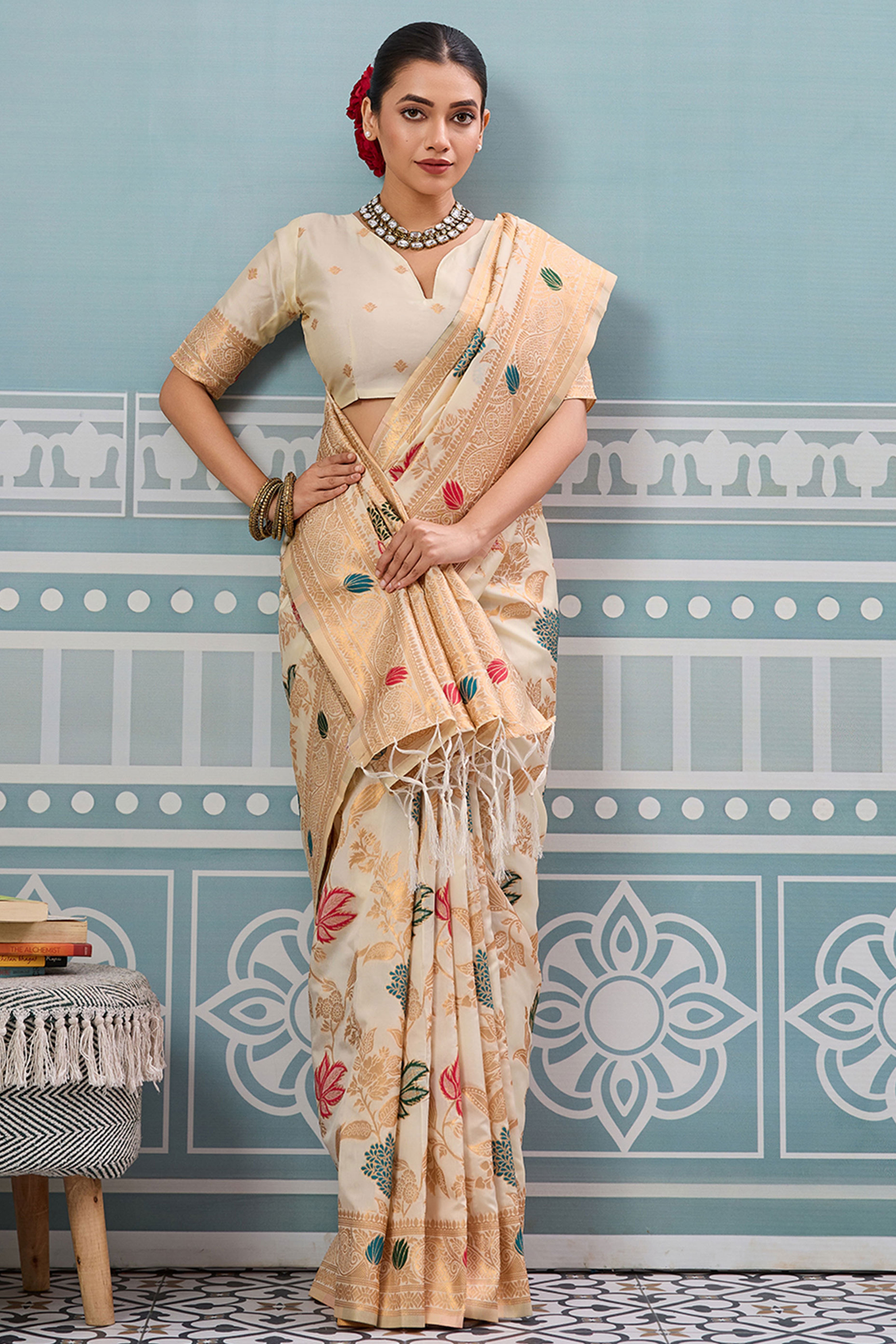 Radiant Cream Silk Blend Saree Adorned With Intricate Floral Zari Weaving & Tassel Pallu