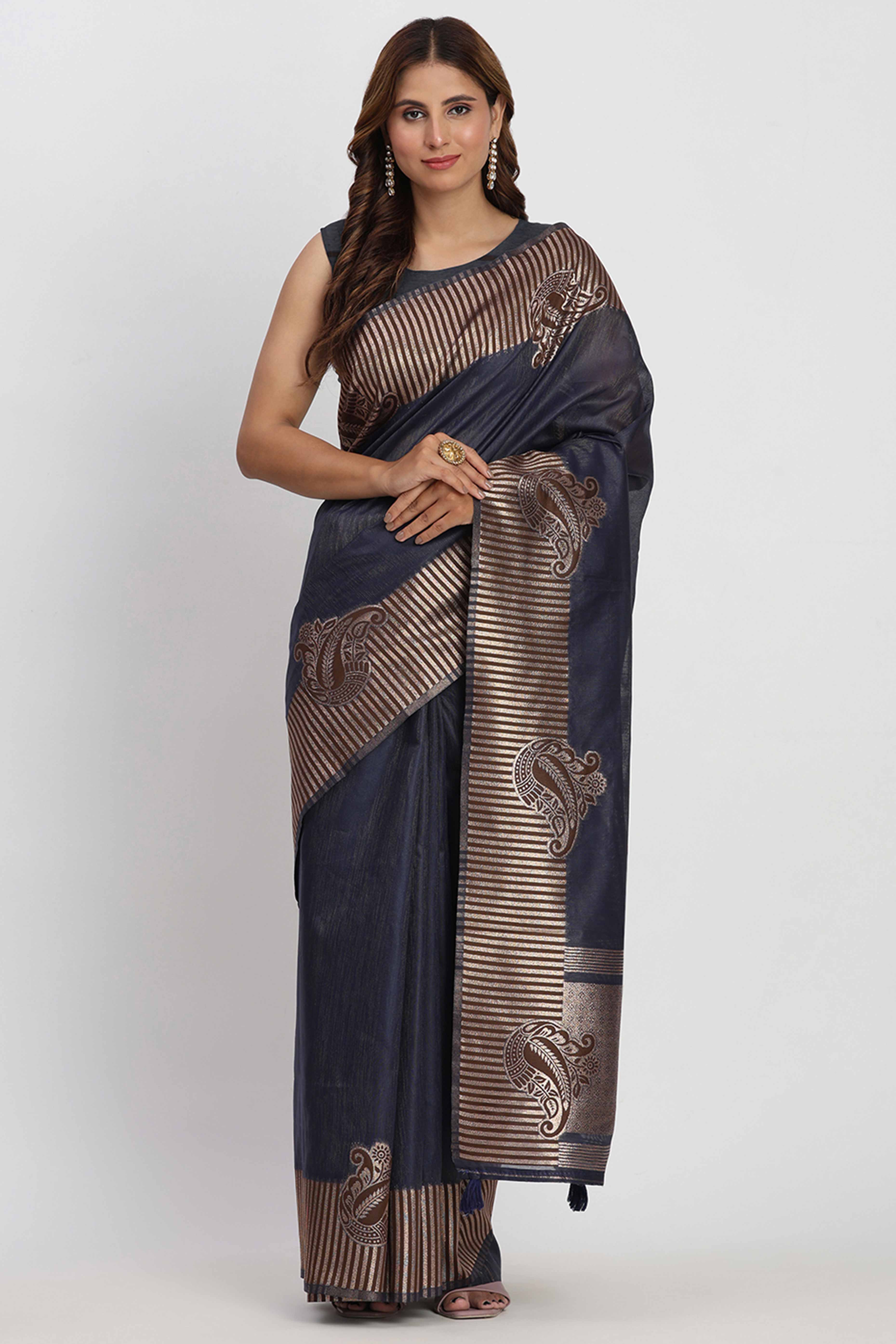 Linen Cotton Saree in Navy Blue Hue Featuring Rich Zari Weaving