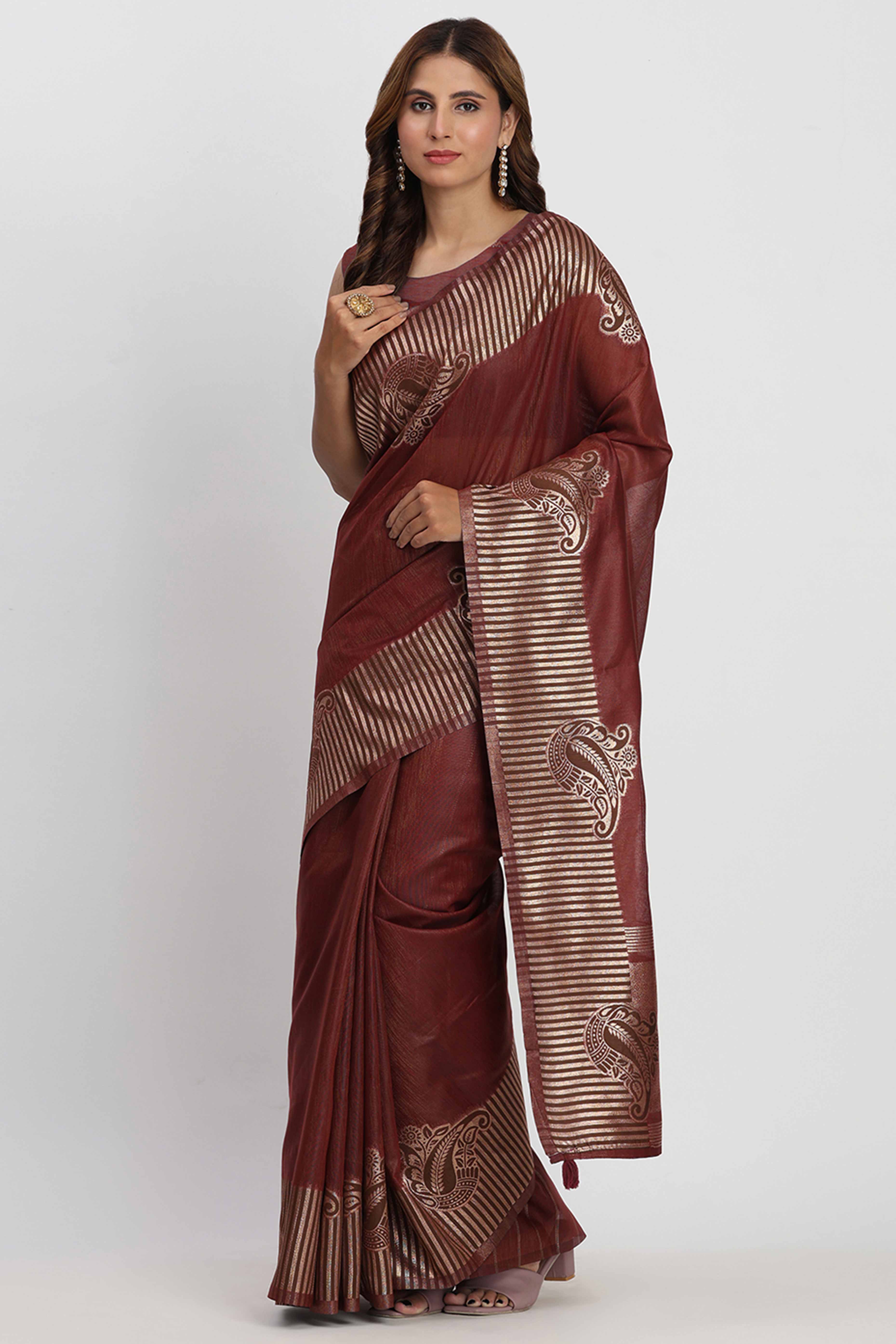 Linen Cotton Saree in Maroon Hue Featuring Rich Zari Weaving