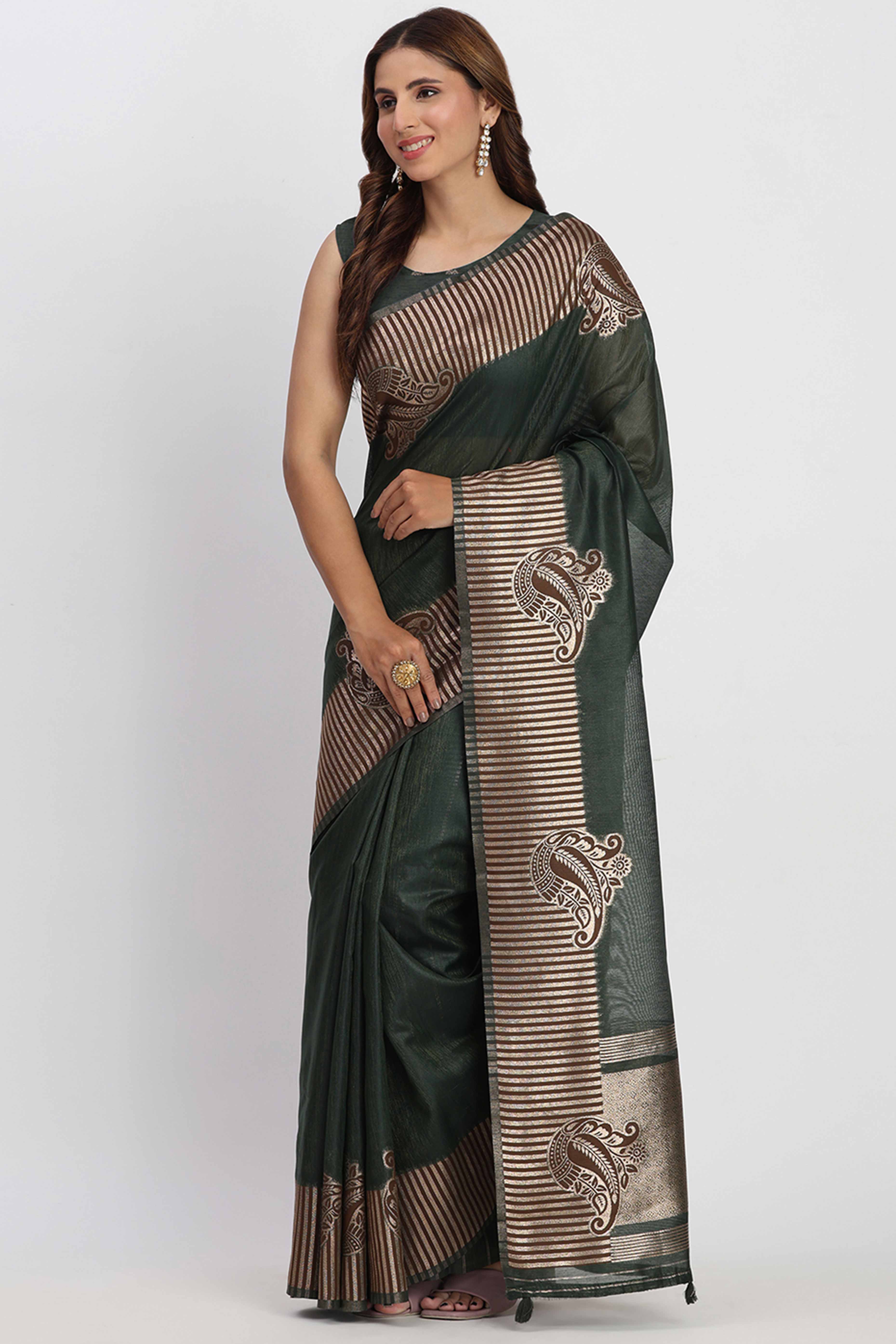 Linen Cotton Saree in Dark Green Hue Featuring Rich Zari Weaving