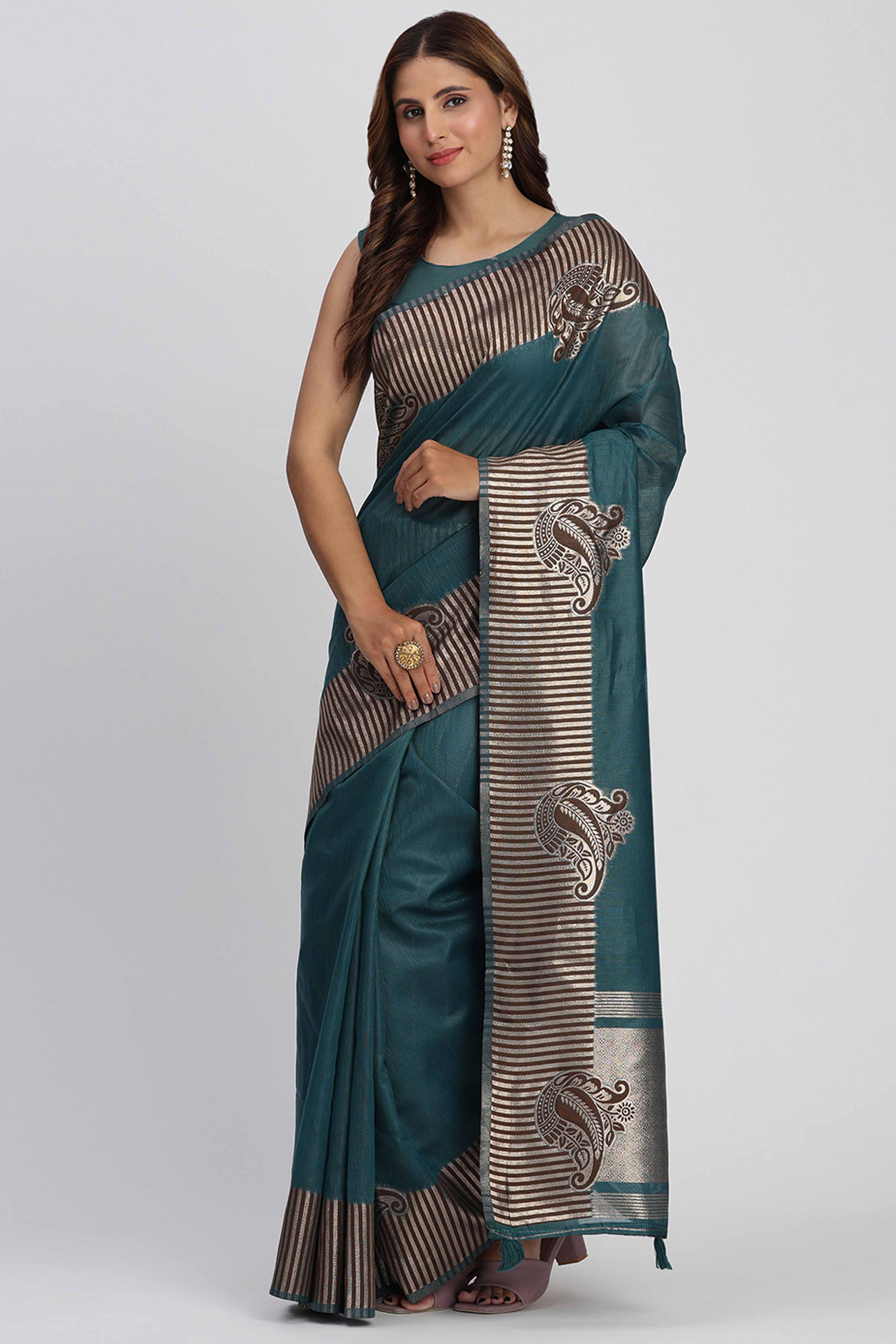 Linen Cotton Saree in Teal Hue Featuring Rich Zari Weaving