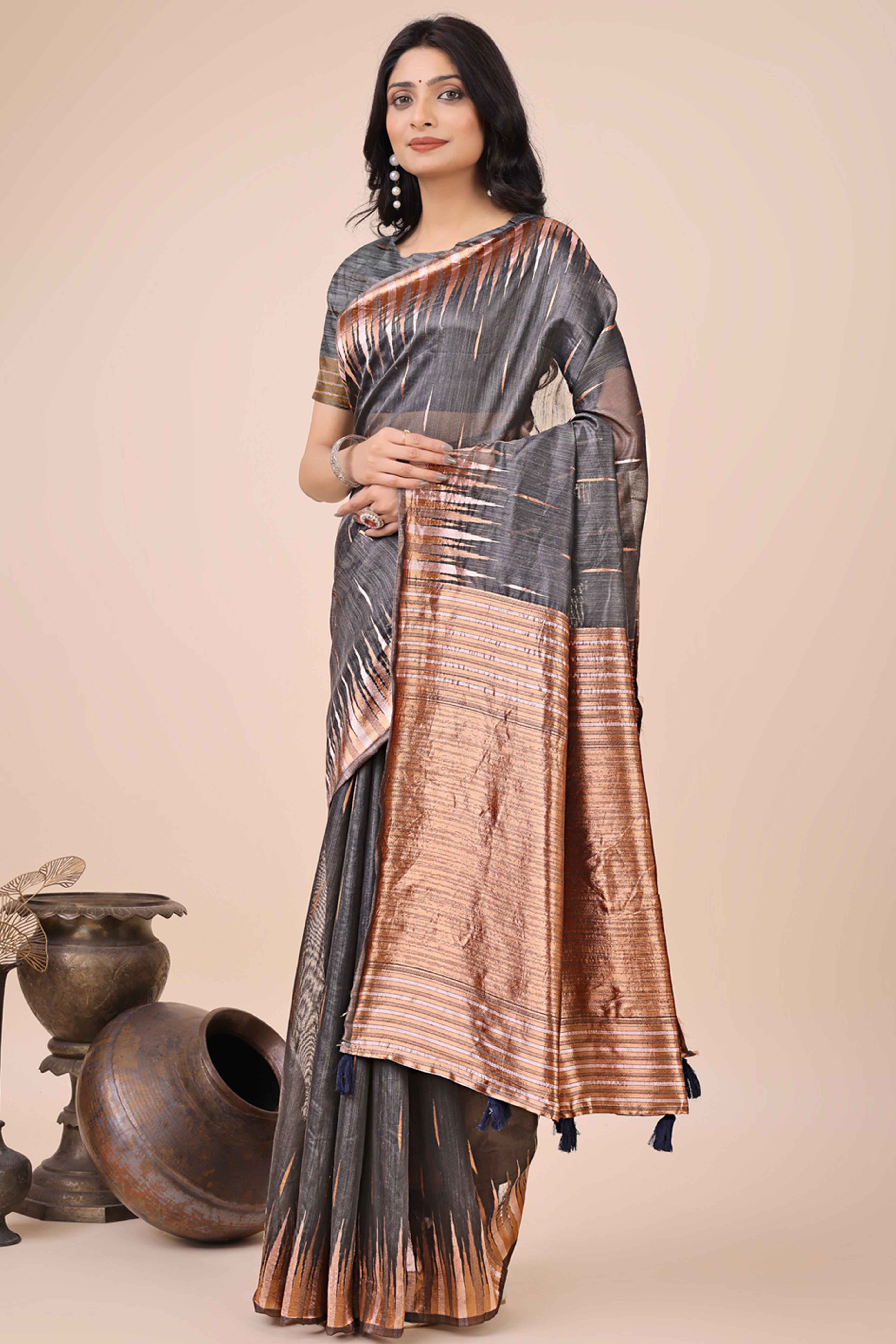 Dark Grey Saree In Linen Cotton With Exquisite Zari Weaving & Subtle Tassel Border
