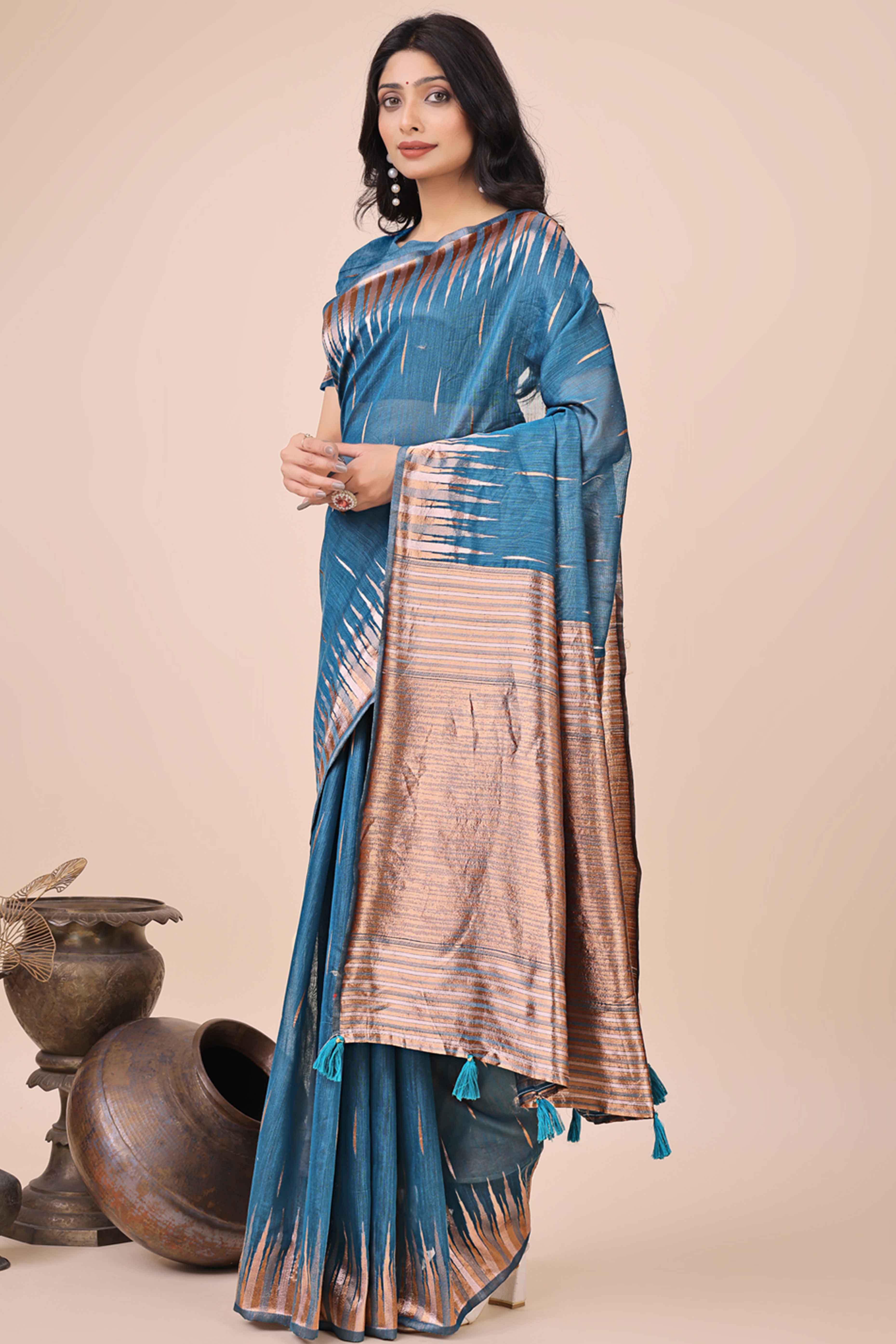 Blue Saree In Linen Cotton With Exquisite Zari Weaving & Subtle Tassel Border