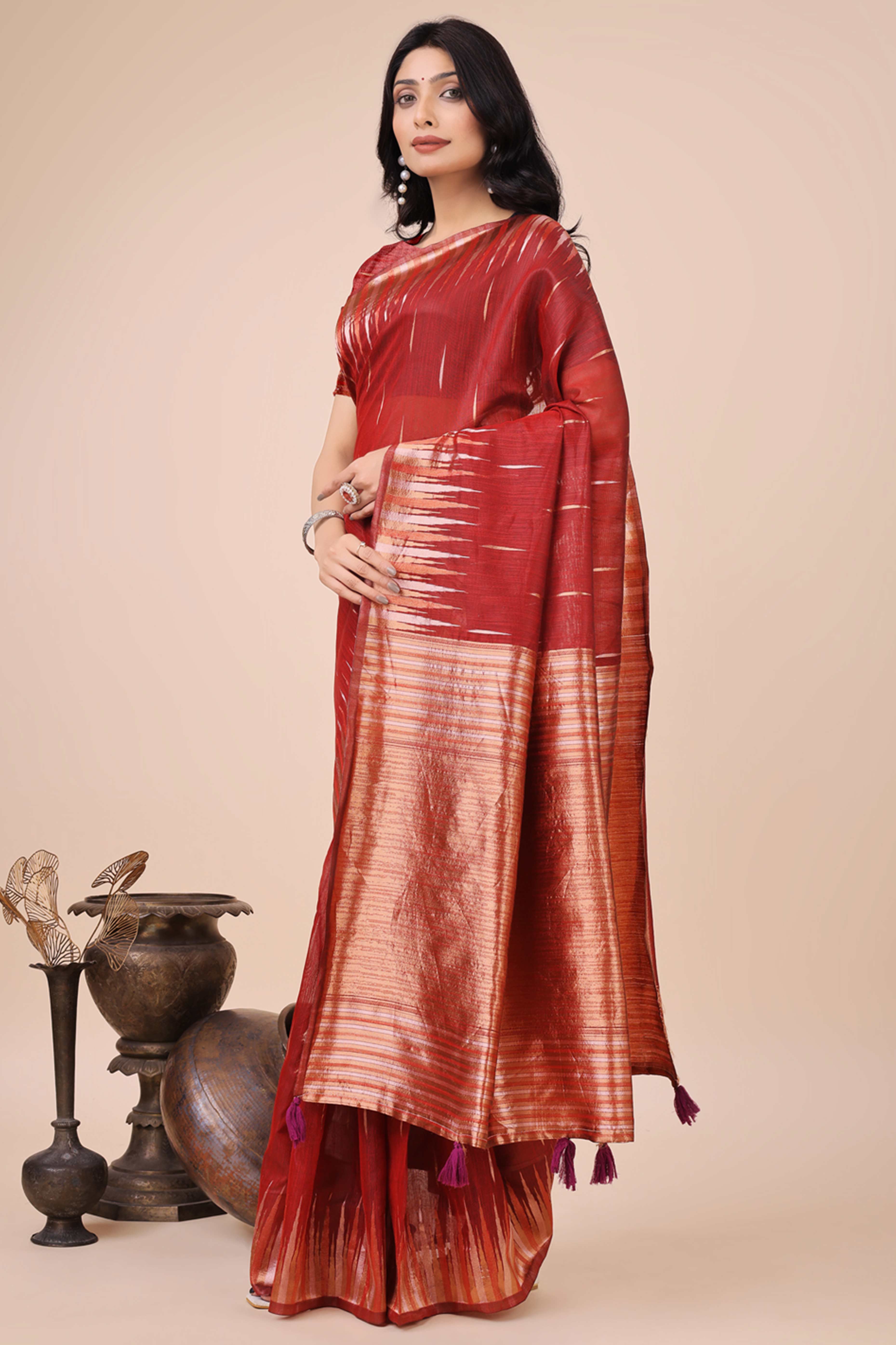 Red Saree In Linen Cotton With Exquisite Zari Weaving & Subtle Tassel Border
