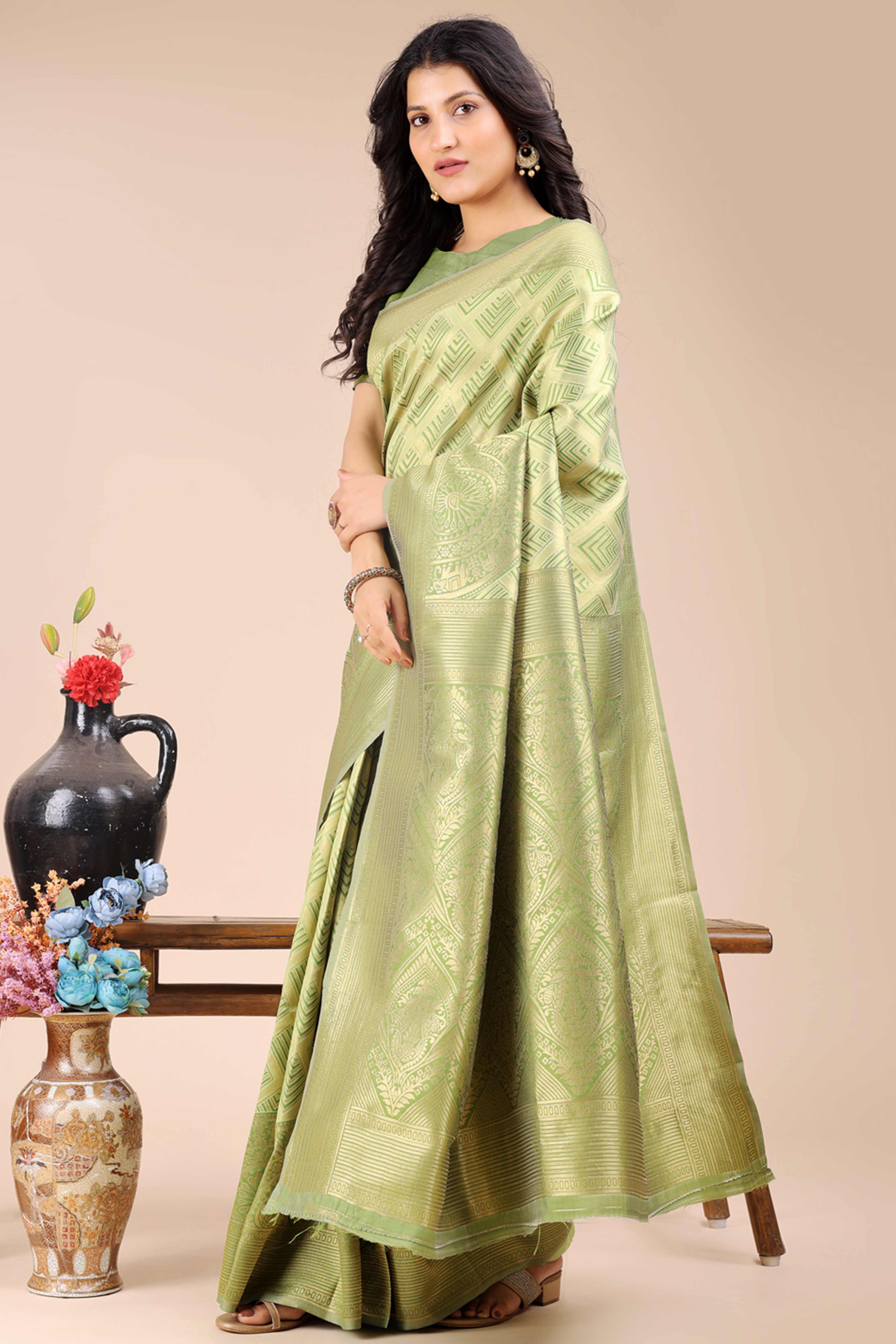 Light Green Zari Woven Banarasi Silk Saree with Luxurious Detailing