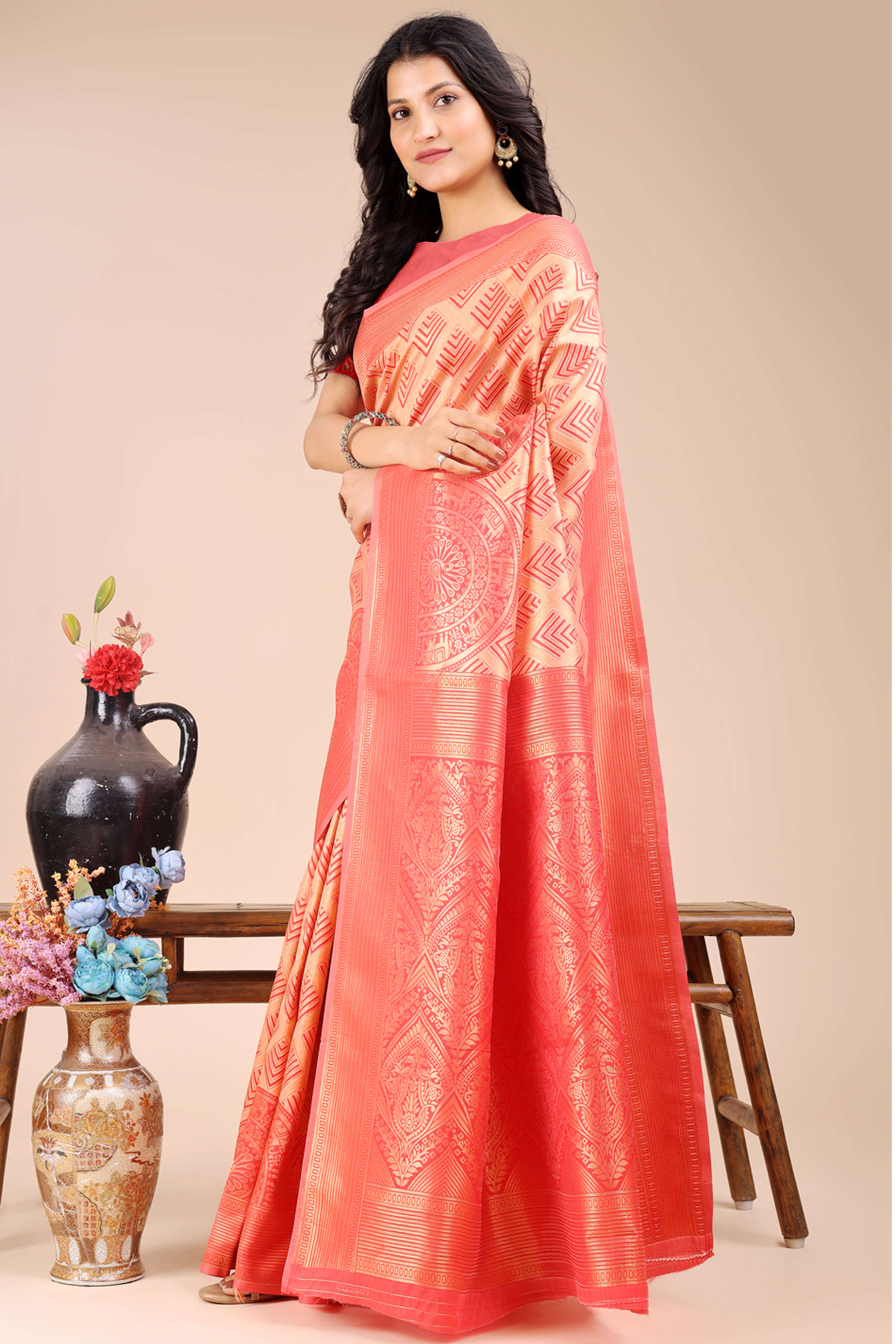 Peach Zari Woven Banarasi Silk Saree with Luxurious Detailing