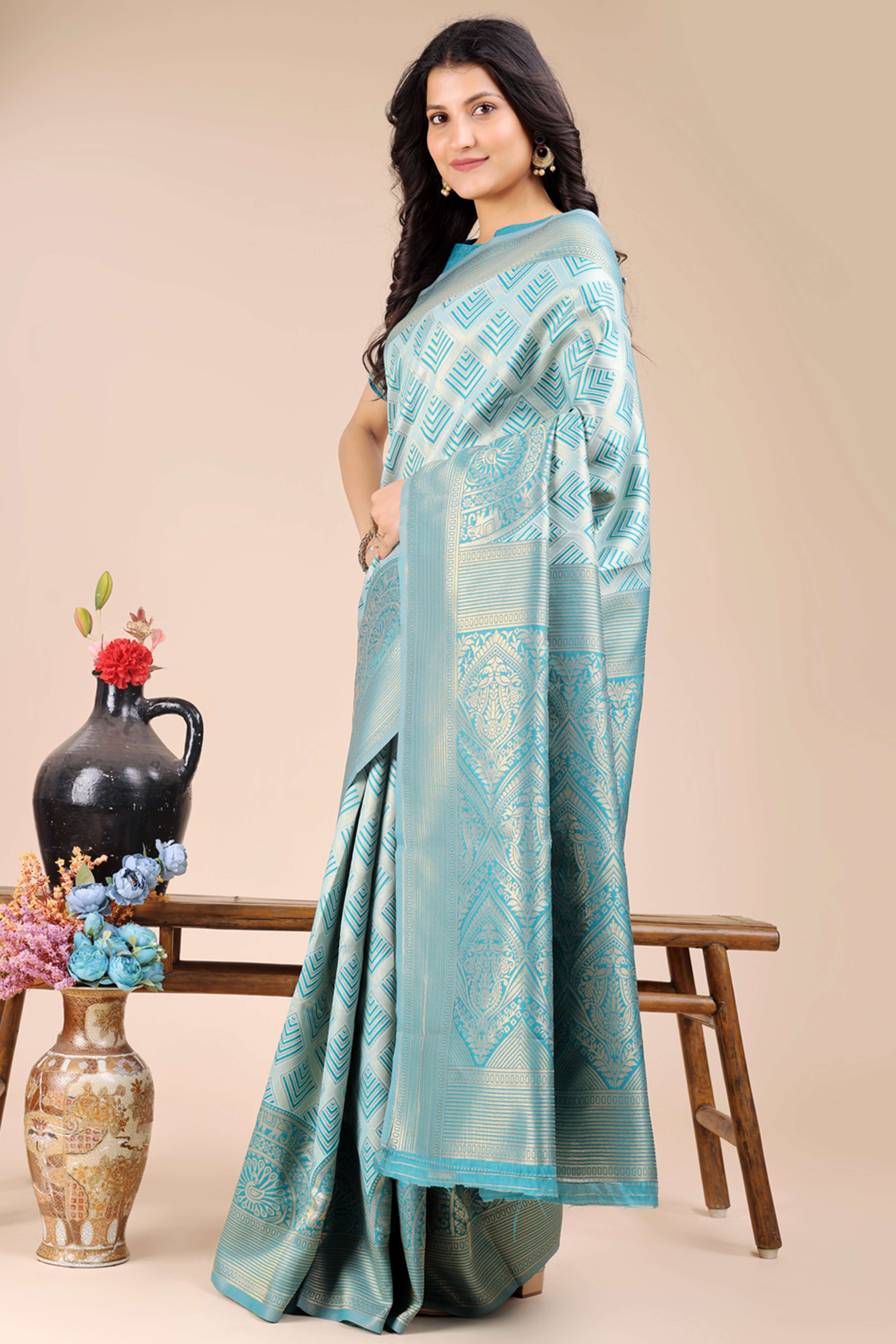 Aqua Blue Zari Woven Banarasi Silk Saree with Luxurious Detailing