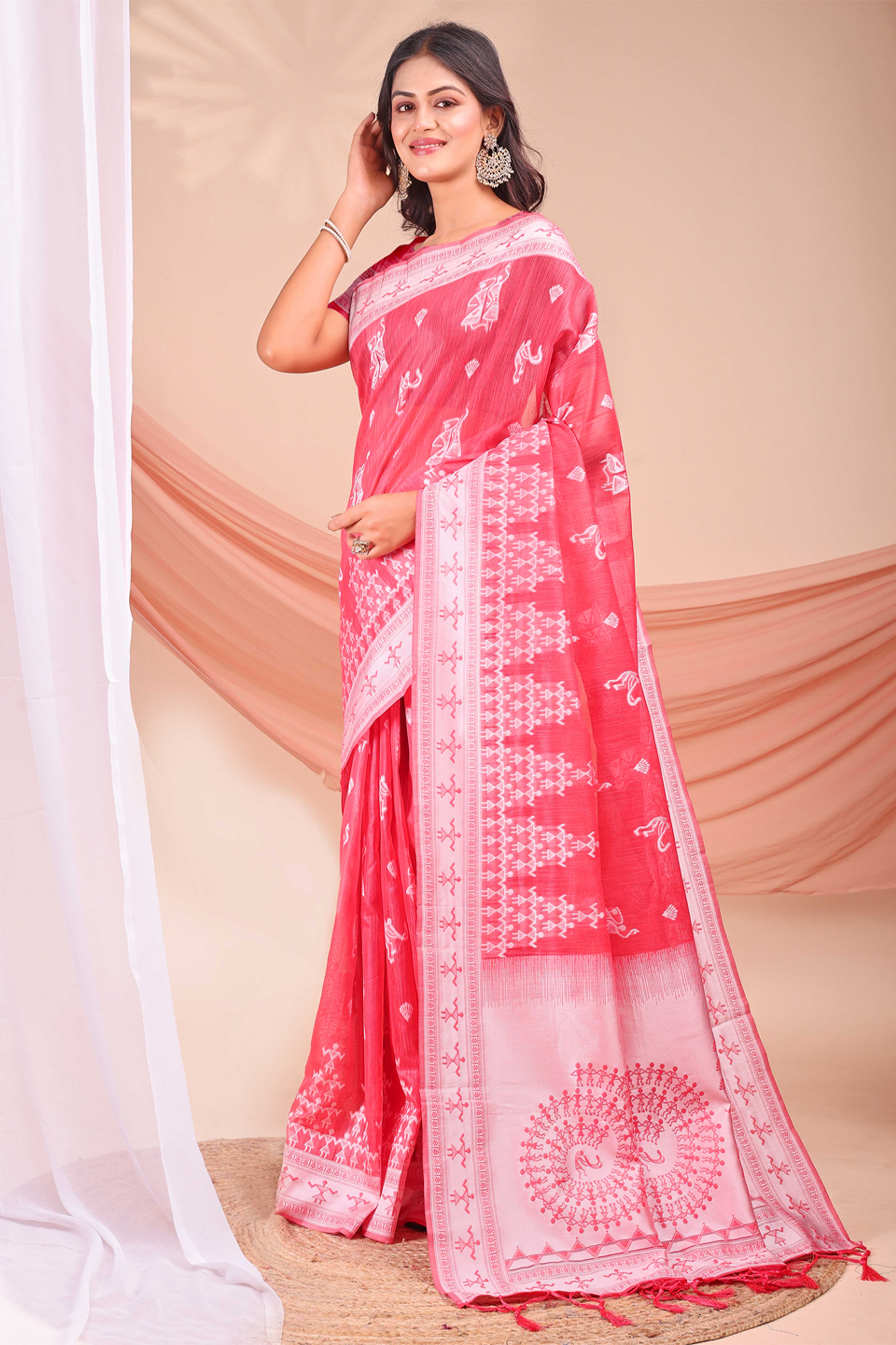 Pink Ethnic Saree in Soft Linen Cotton Fabric Featuring Warli Art Weaving