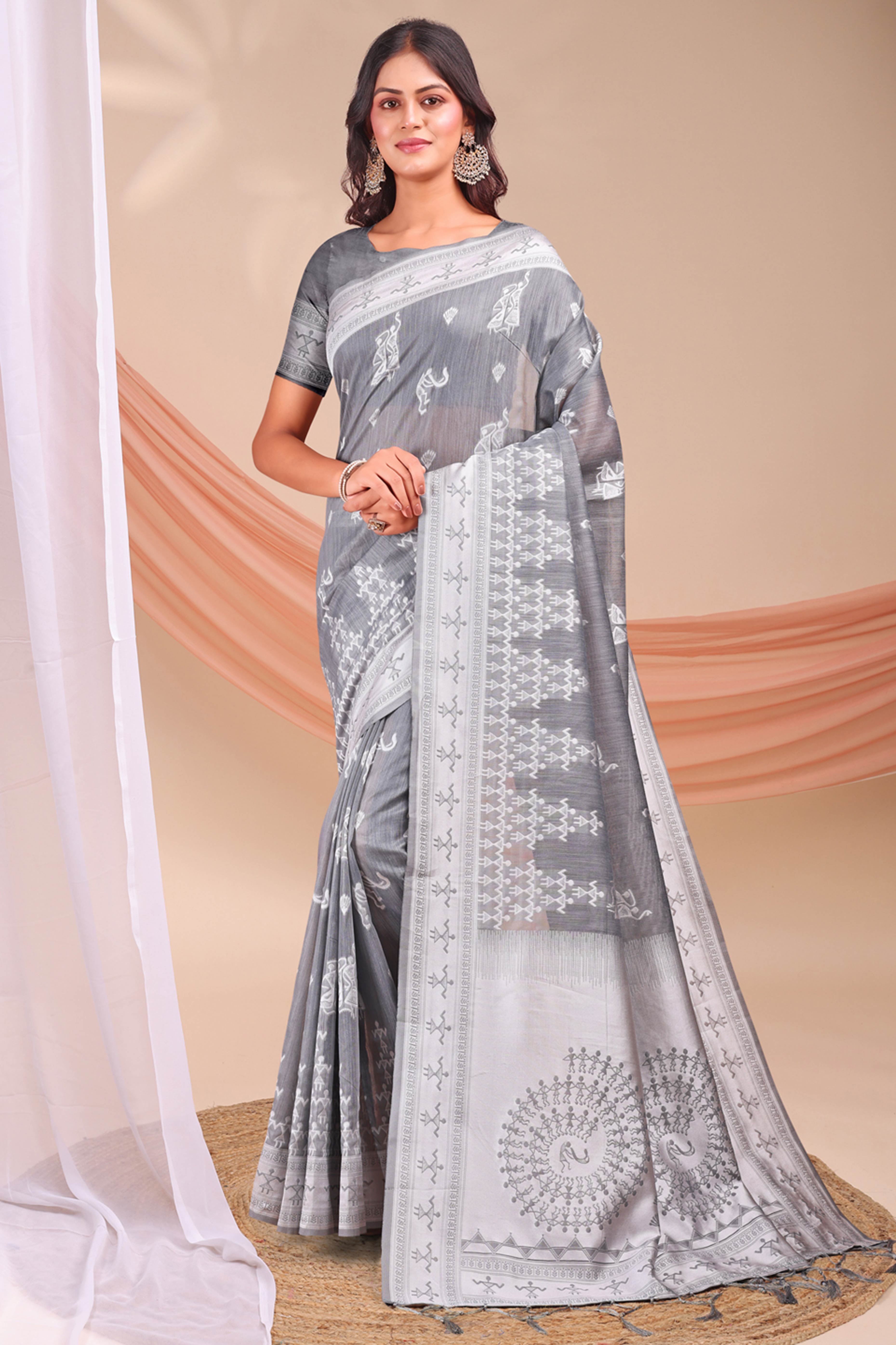 Grey Ethnic Saree in Soft Linen Cotton Fabric Featuring Warli Art Weaving