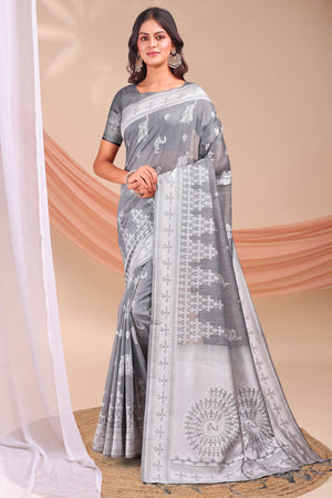 Grey Ethnic Saree in Soft Linen Cotton Fabric Featuring Warli Art Weaving