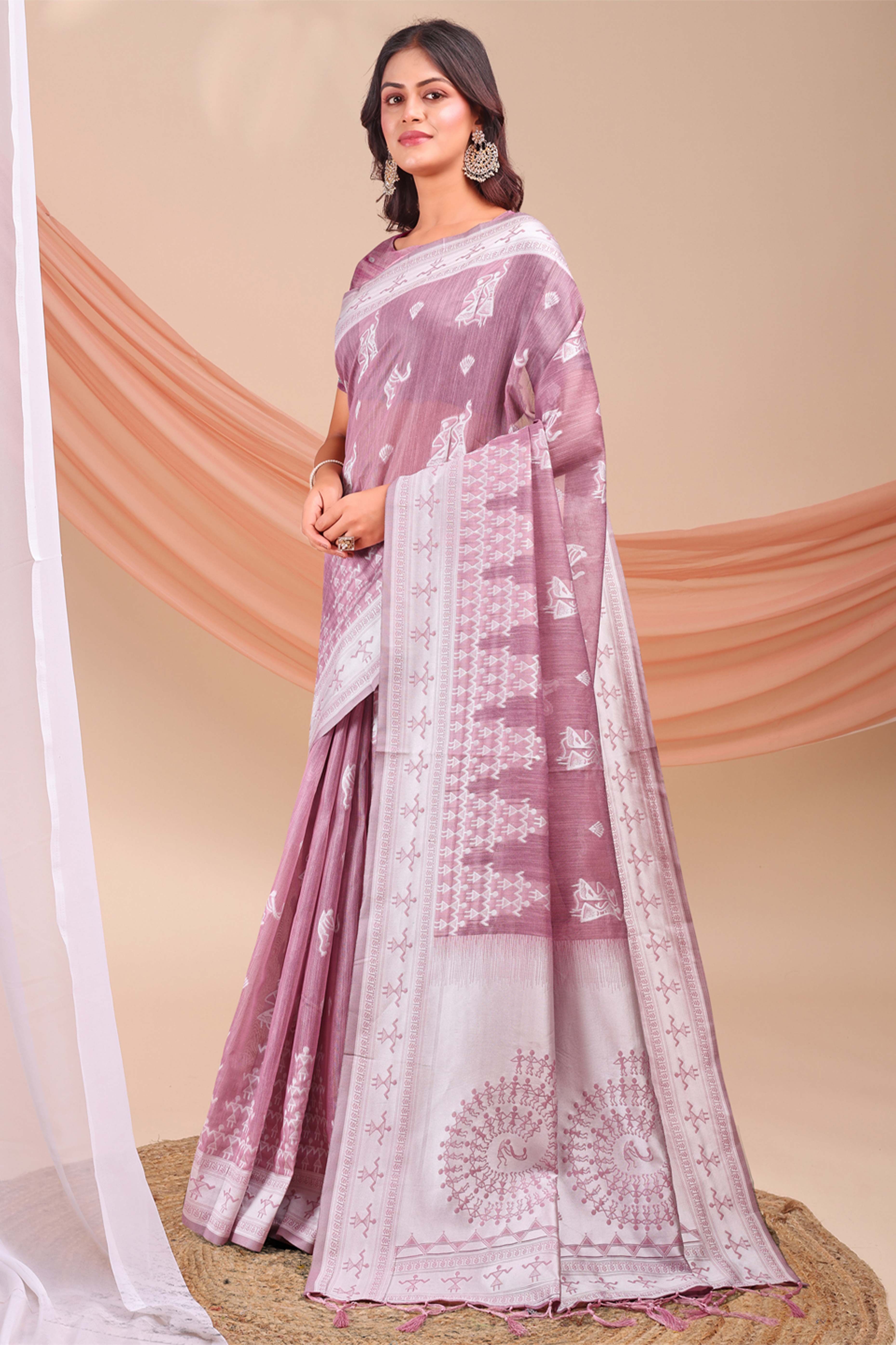 Mauve Ethnic Saree in Soft Linen Cotton Fabric Featuring Warli Art Weaving