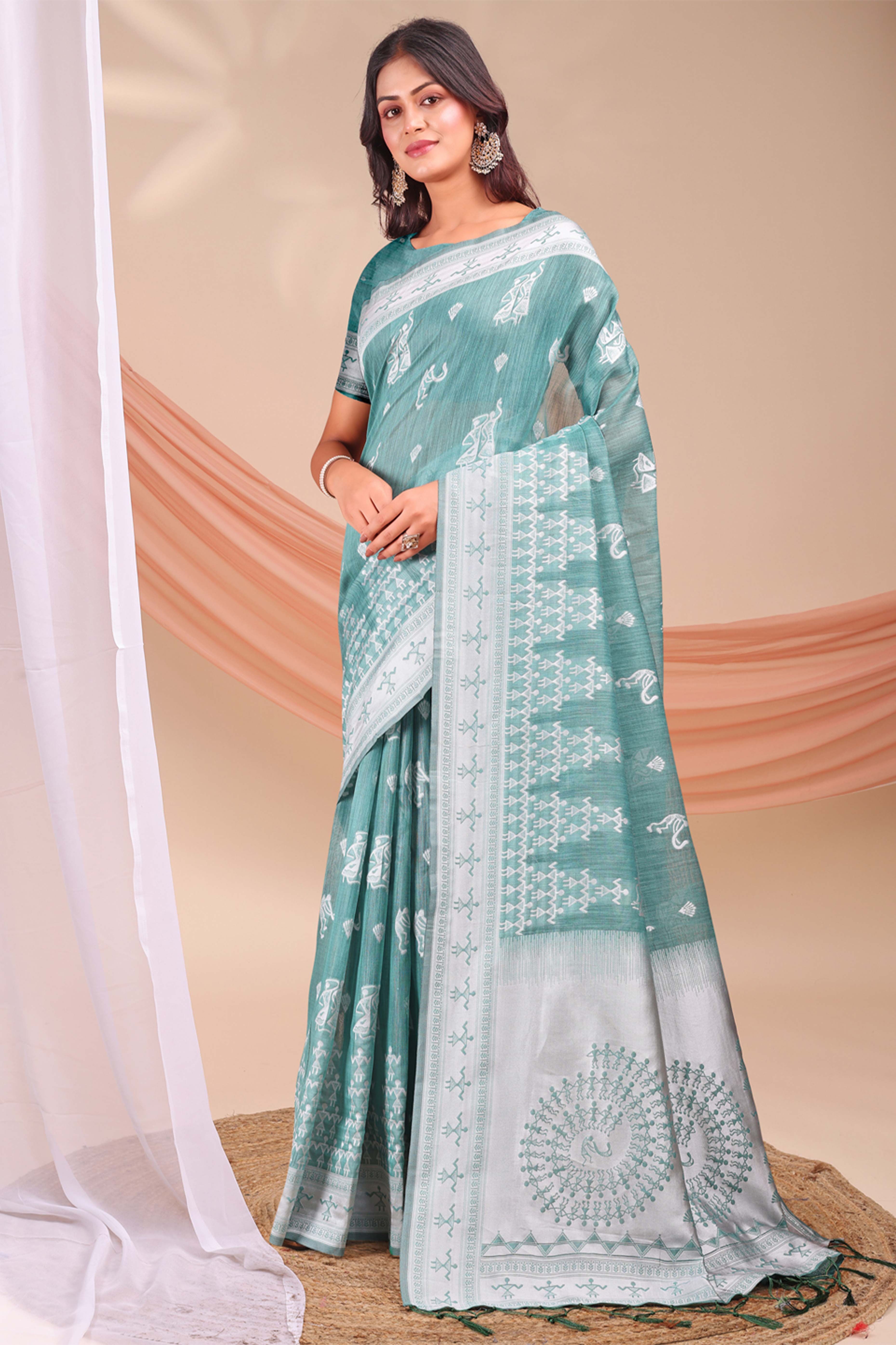 Sea Green Ethnic Saree in Soft Linen Cotton Fabric Featuring Warli Art Weaving