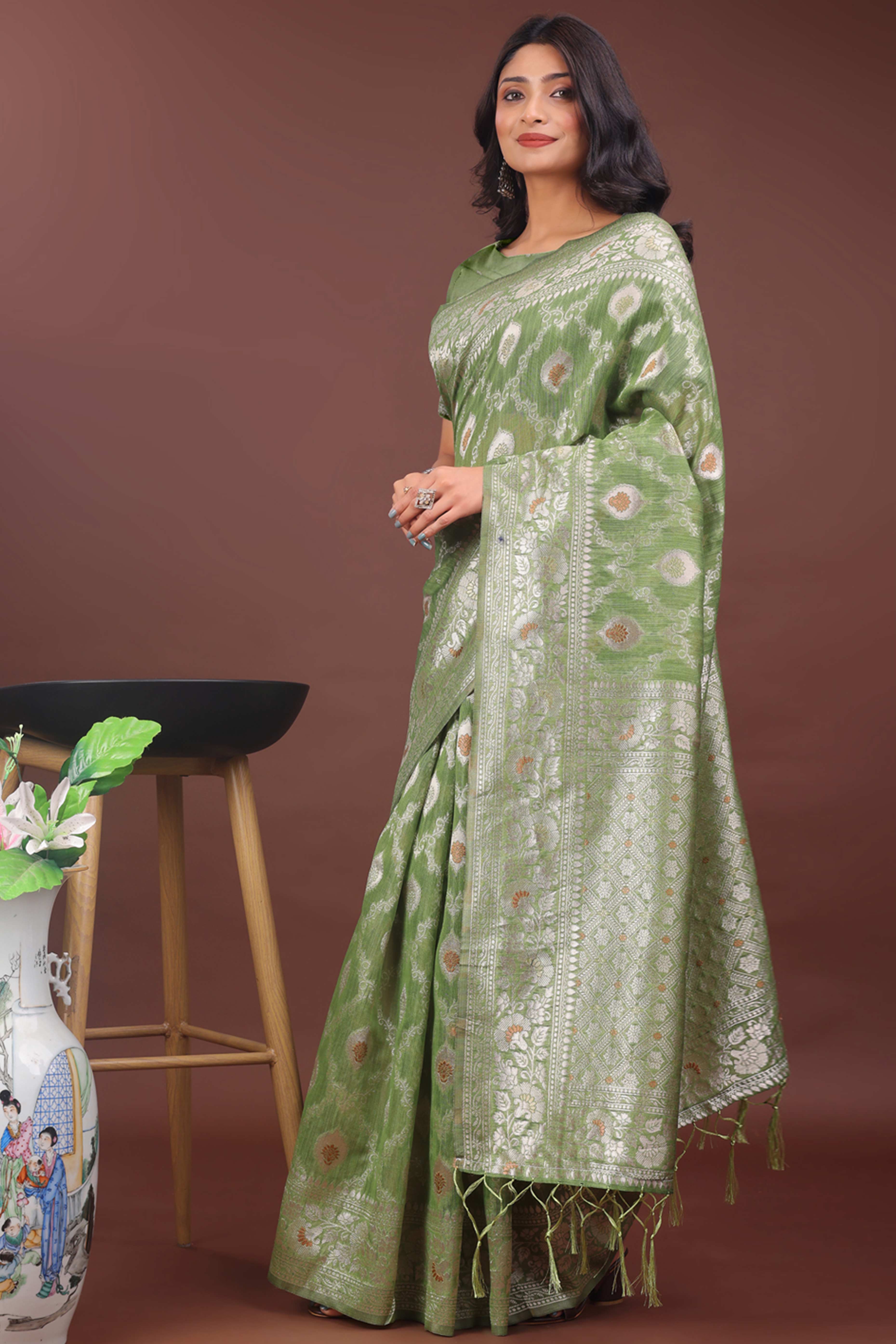 Light Green Cotton Blend Saree with Banarasi Style Floral Artistry and Tassels